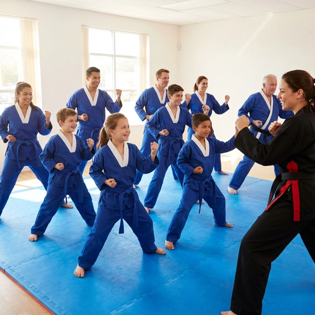 Mixed-age family group training together in martial arts stances at Saturday class in Huddersfield, building confidence and community