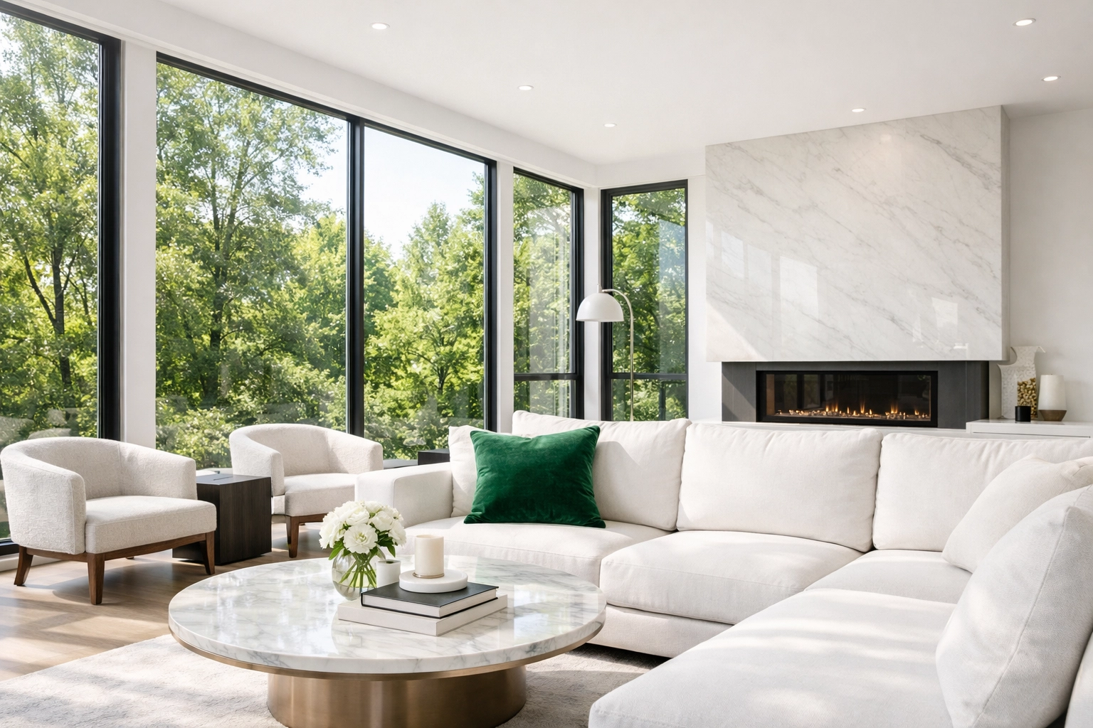 Stunning renovated living room highlighting the high-value result of a successful fix and flip project.