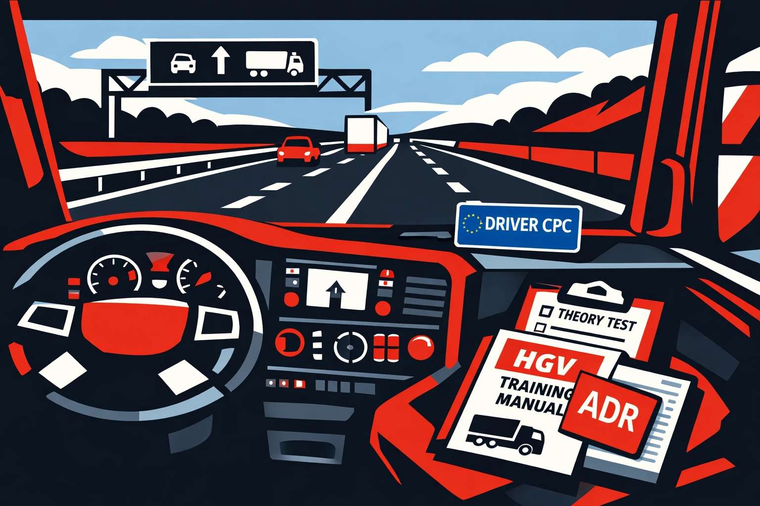 HGV truck dashboard showing ADR and Driver CPC certification cards