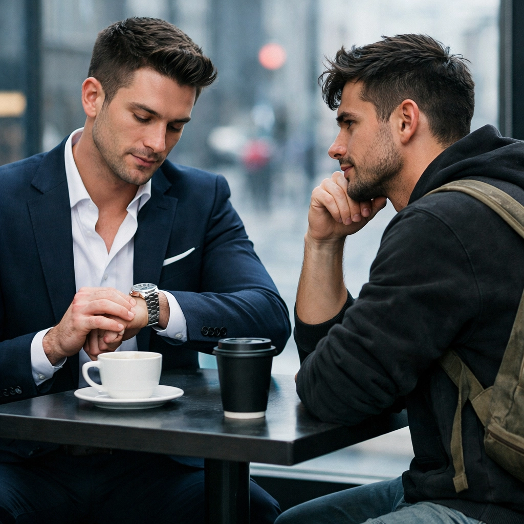 Modern gay couple at café showing contemporary rich poor MM romance dynamic