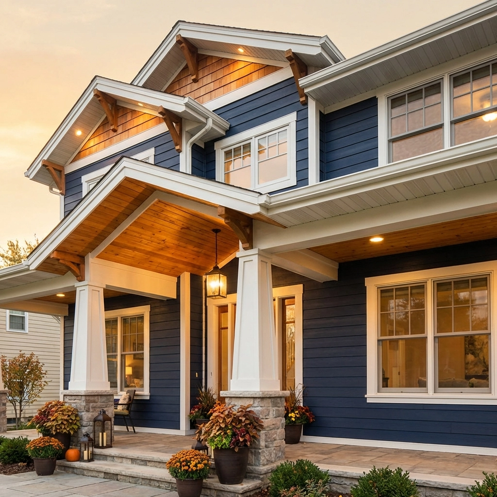 Craftsman home in Ooltewah with deep navy blue fiber cement siding and warm wood-tone accents at sunset