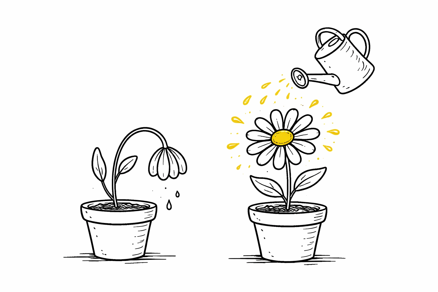 Minimalist sketch of a neglected wilting flower beside a thriving one, contrasting neglected vs. nurtured branding strategies.