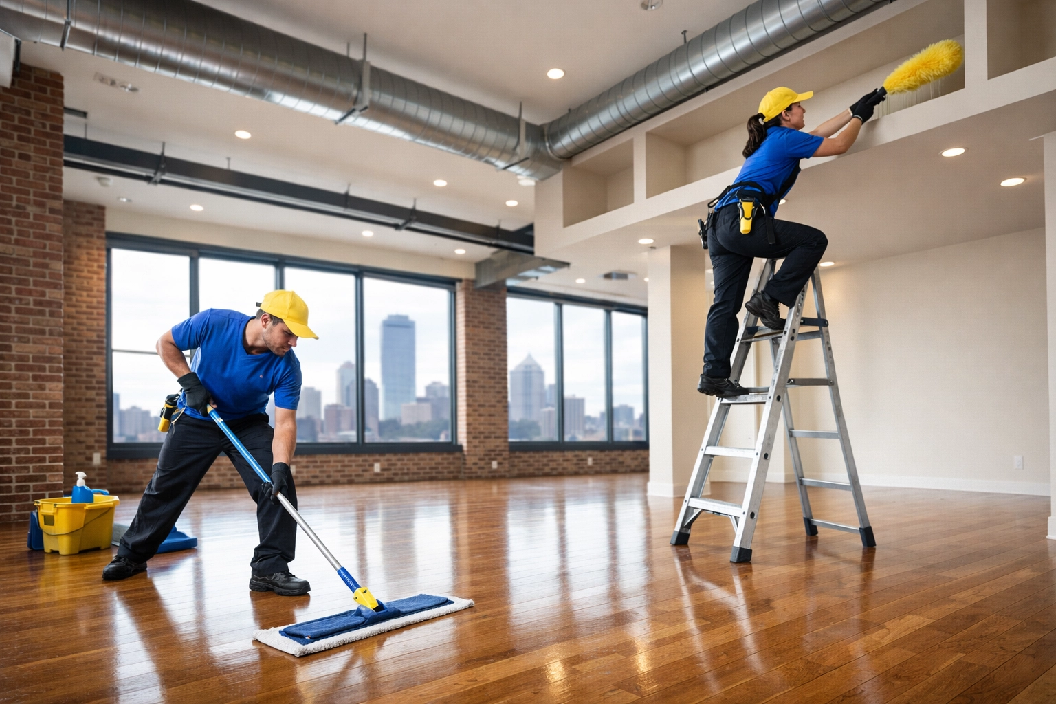 The Cleaning Ninjas team providing efficient apartment cleaning in a Boston loft with city views.