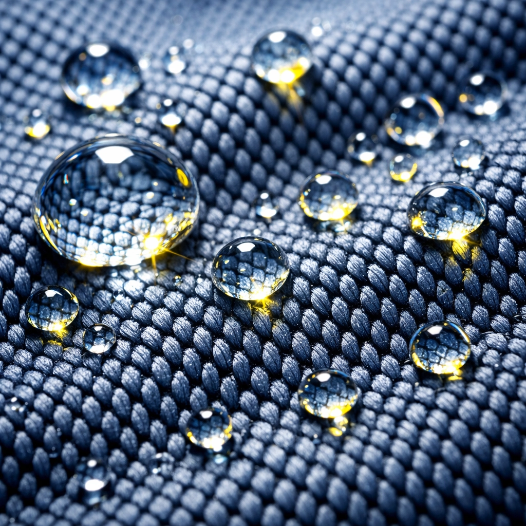 Moisture-wicking performance fabric with water droplets for job-site ready work shirts