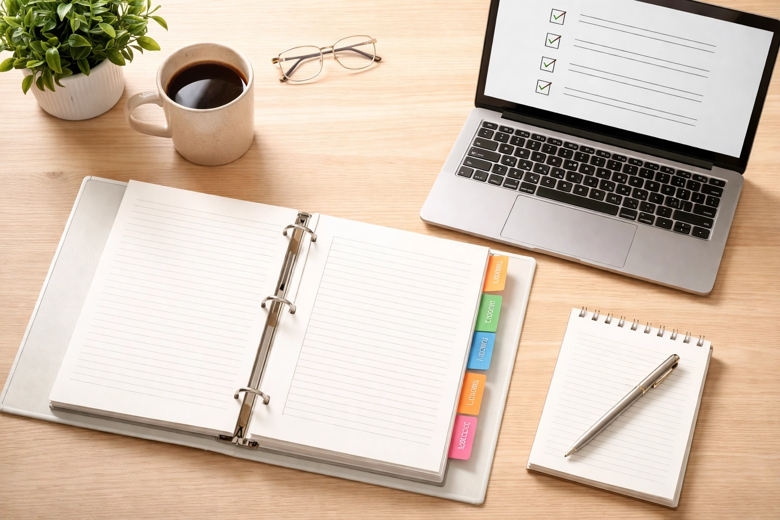 Organized workspace with checklist and binder, showing how SOPs create structure and reduce overwhelm for contractors.