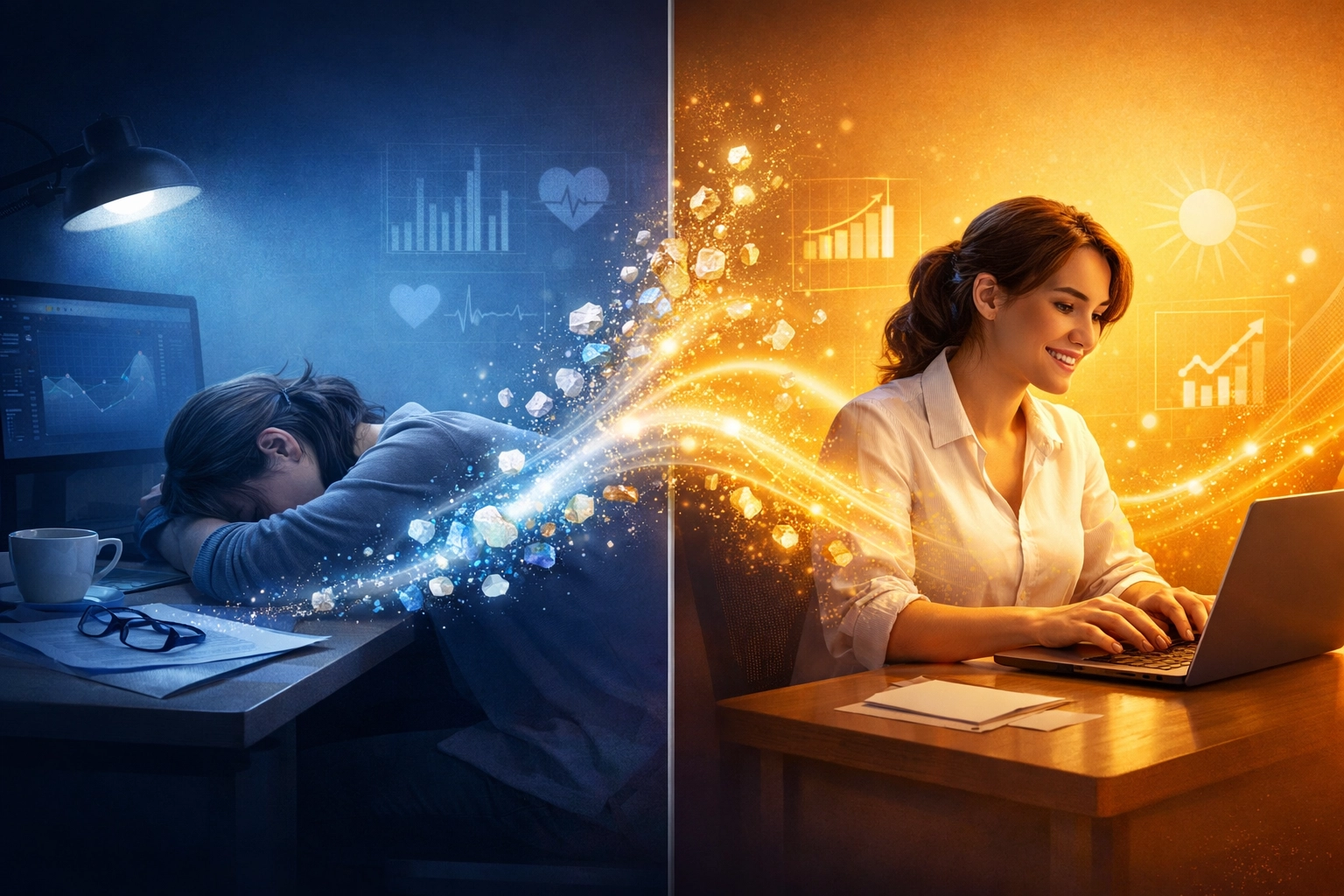 Before and after comparison showing improved energy levels from mineral-supported metabolic health