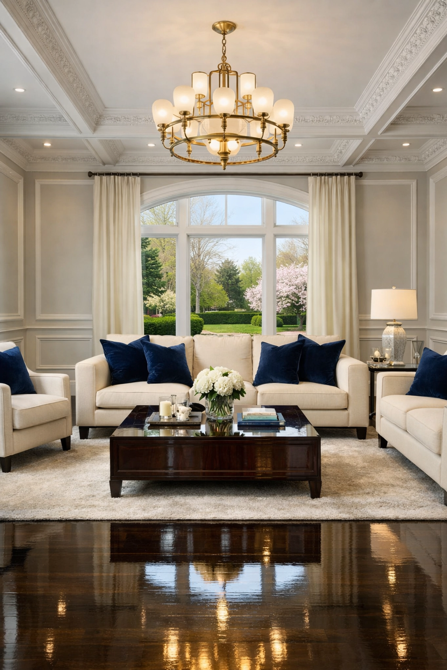 Impeccable grand living room showcasing deep luxury house cleaning in Newton MA.