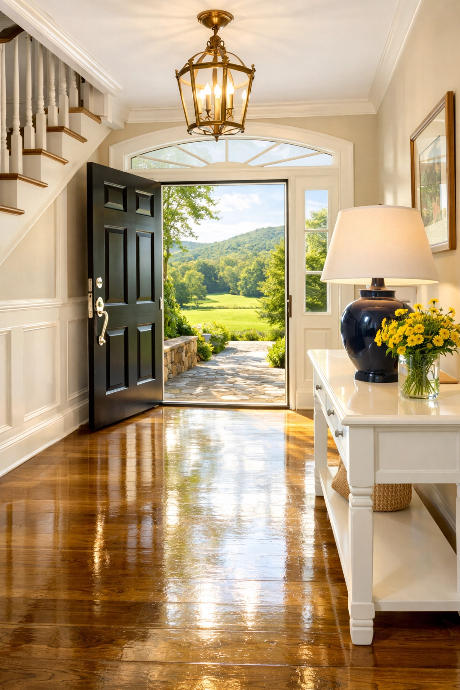 A bright and pristine home entryway in Whately showing the results of professional cleaning.