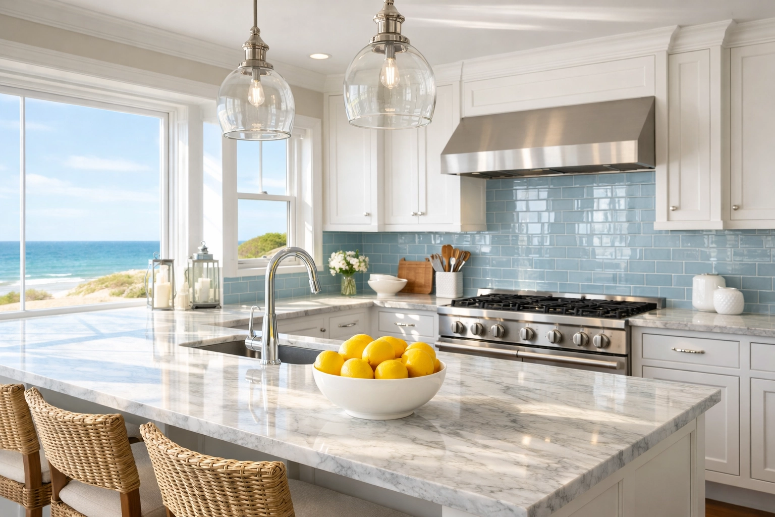 Pristine white coastal kitchen in East Sandwich, MA, prepared by move-in cleaning experts.