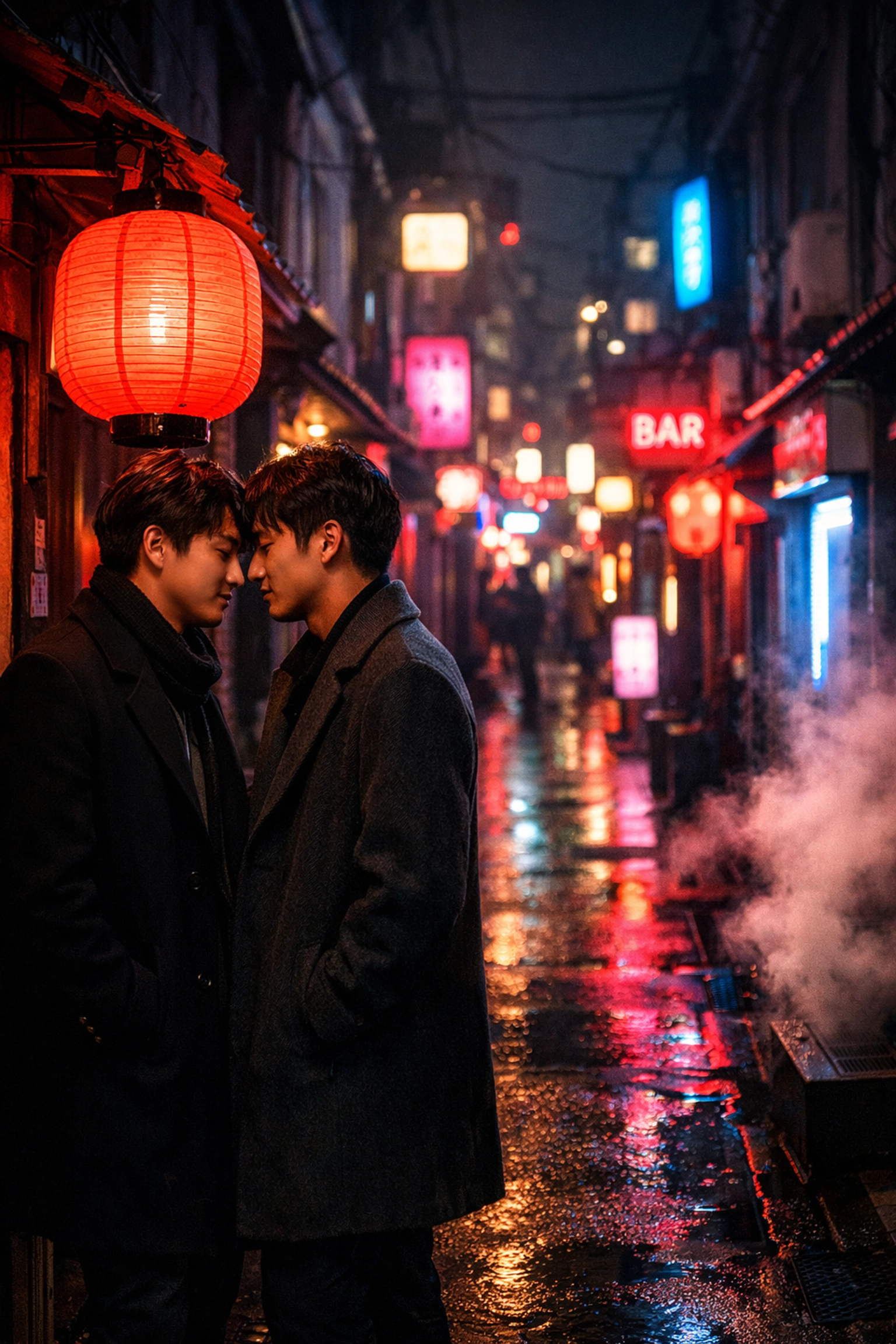 Gay couple in neon-lit Shinjuku Ni-chome alley on Valentine's night in Tokyo