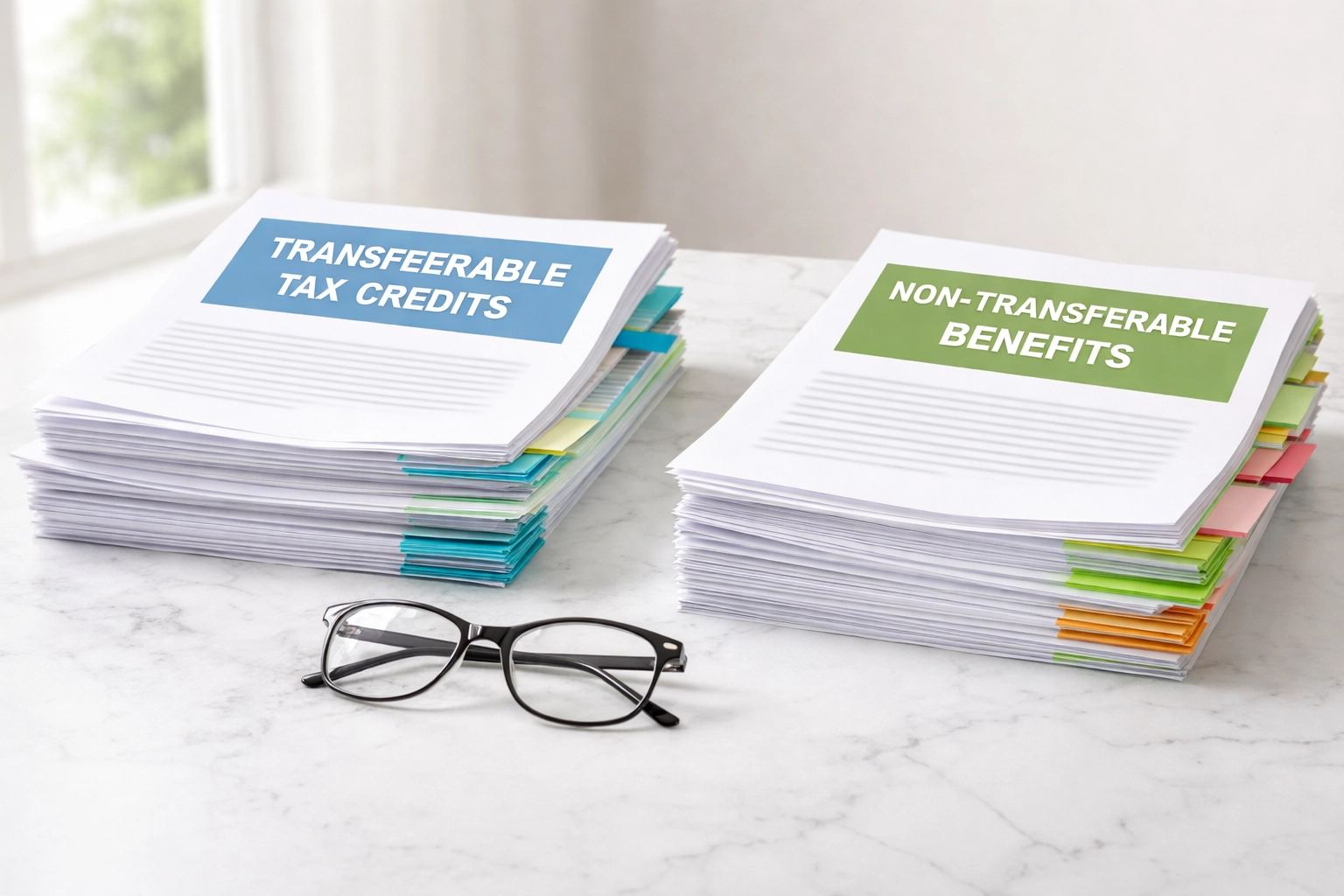Organized stacks of documents illustrating transferable and non-transferable tax benefits for divorced parents claiming dependents.