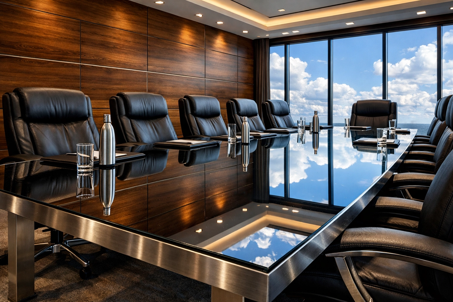 A high-tech conference room with a mirror-finish table cleaned by The Cleaning Ninjas professional staff.
