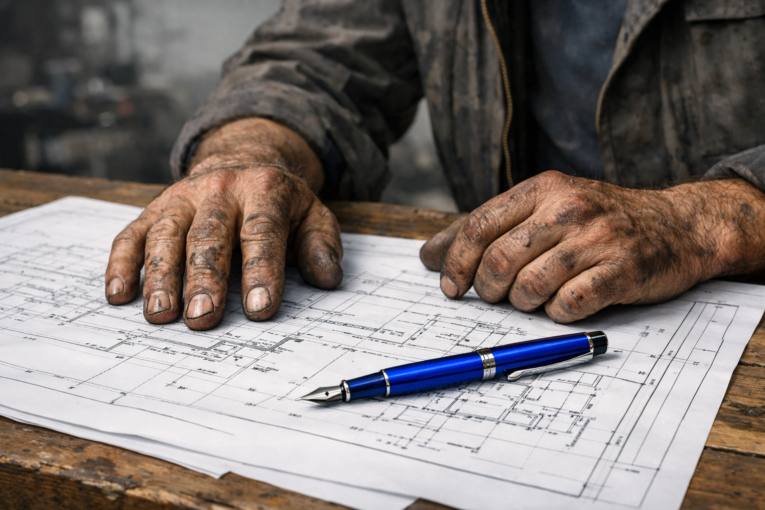 Mechanic hands resting on strategic blueprints in a garage, representing a shift to the Warrior-Steward mindset.