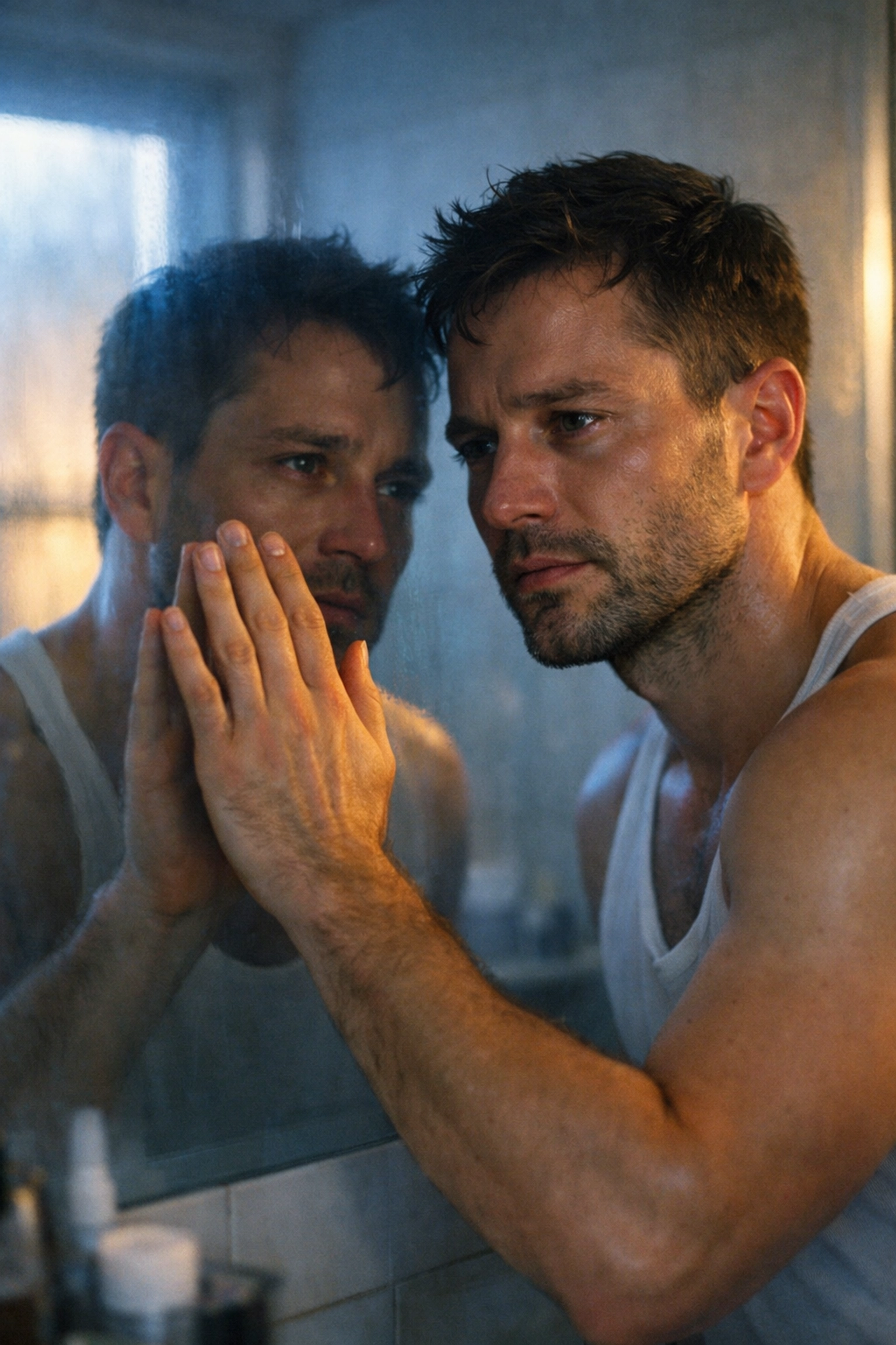 Man reflecting on his journey toward recovery and transformation in gay romance story