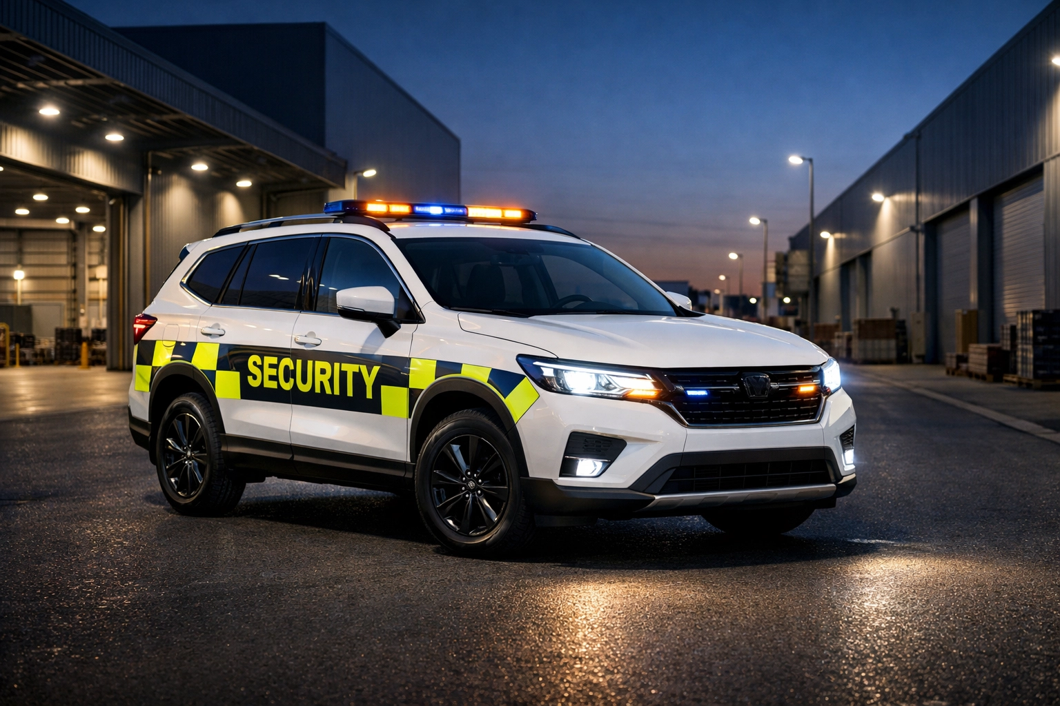 High-visibility mobile security patrol vehicle parked in an industrial district for 24/7 site monitoring.