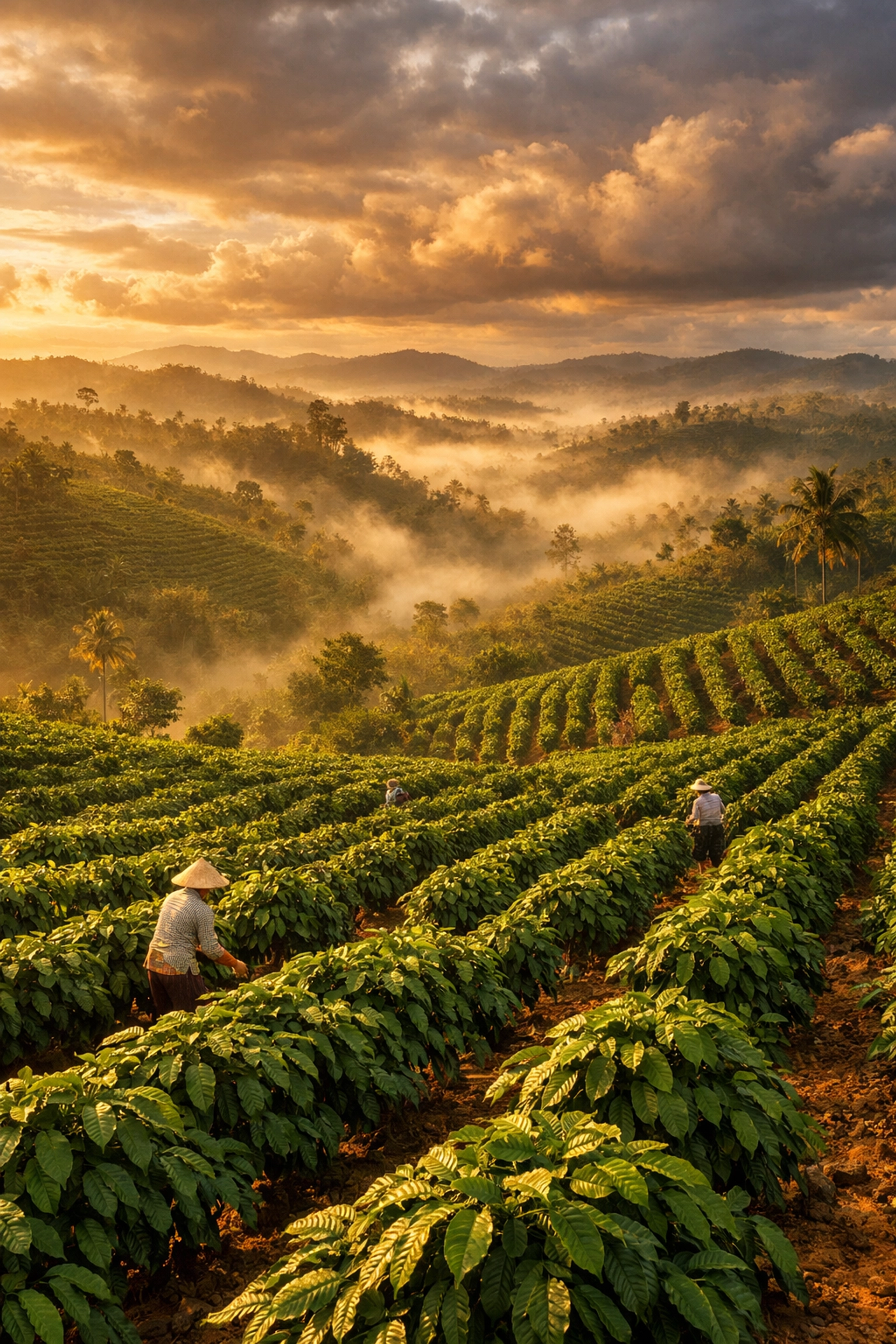 Indonesian robusta coffee plantation with green coffee plants on rolling hills