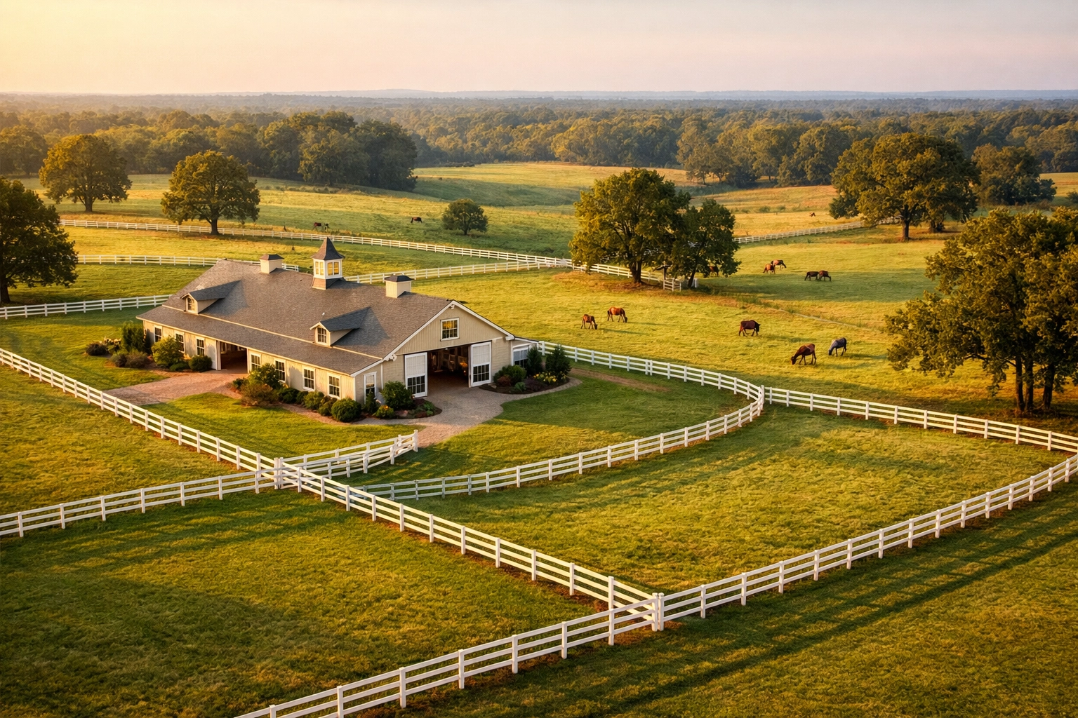 Aerial view of Waxhaw horse farm with white fencing, barn, and horses grazing in green pastures