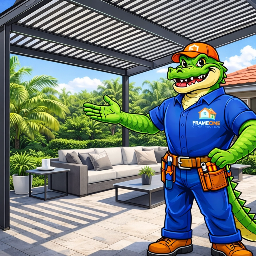Al E. Gator giving his expert opinion beside a premium motorized louvered pergola in a beautiful outdoor living space