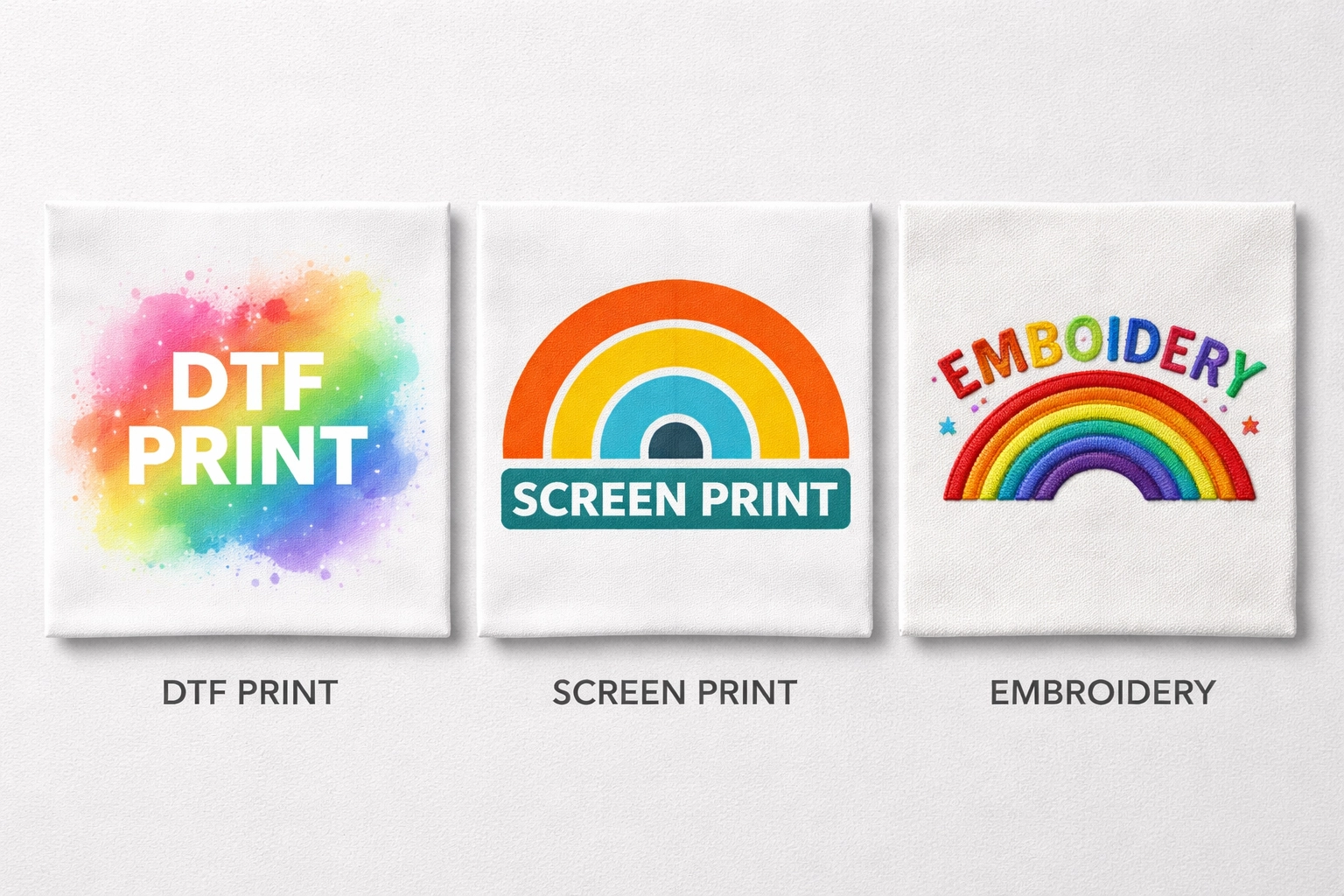 Flat-lay fabric samples compare DTF, screen print, and embroidery textures to help decision-makers choose the best apparel printing method.