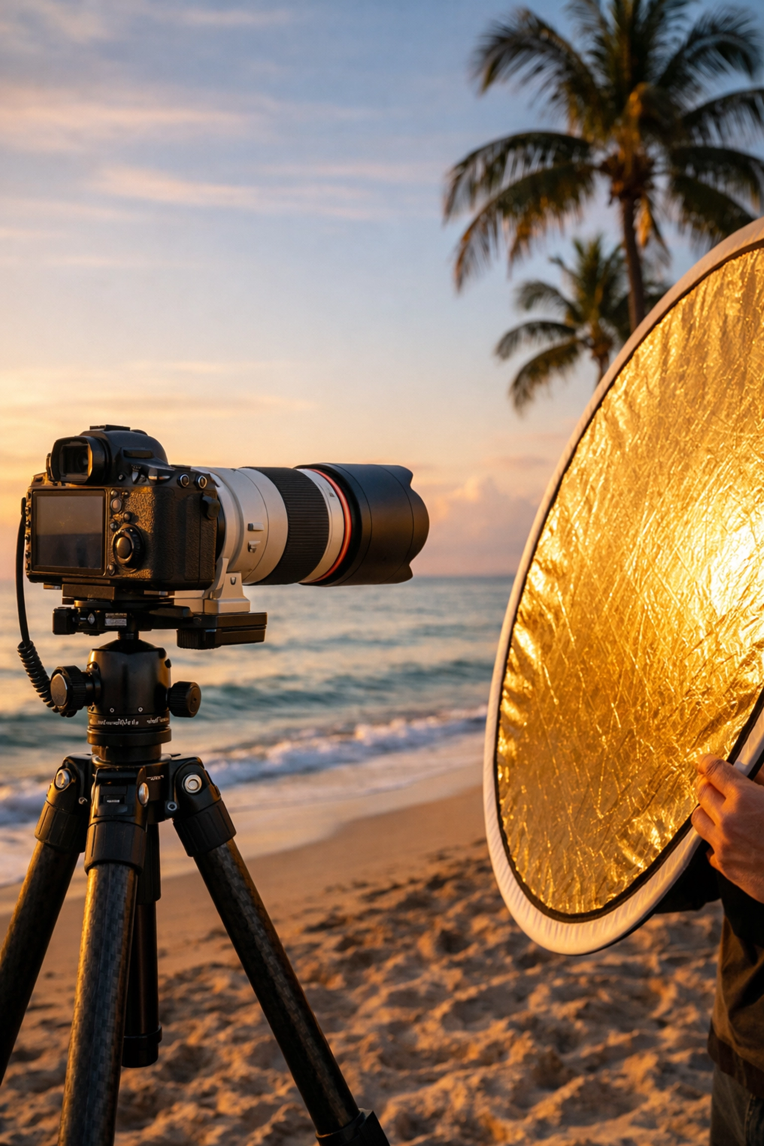 Commercial photographer setup on a Miami beach at sunrise for a high-end brand campaign.
