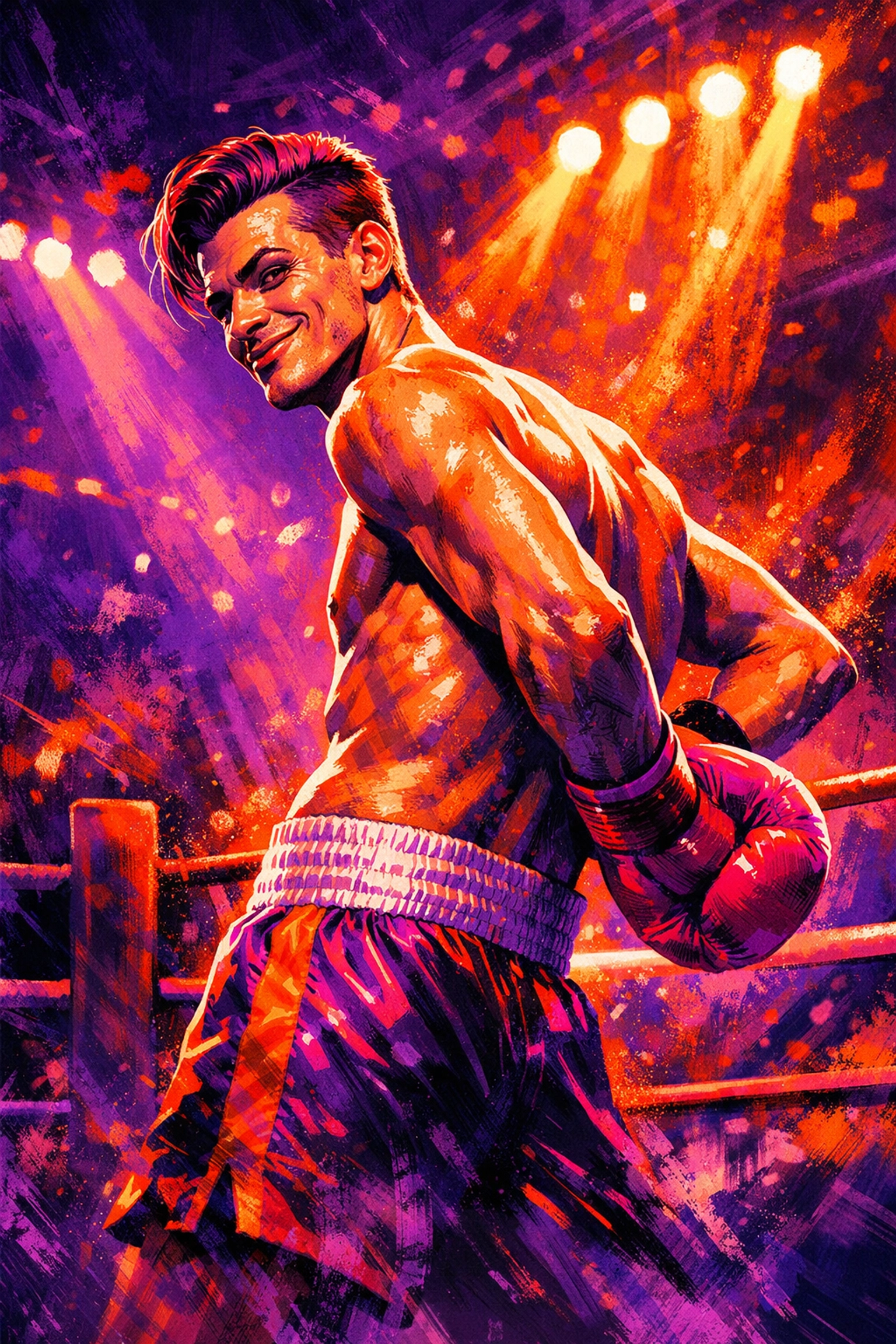 Artistic illustration of Ben Whittaker showboating in the ring during a high-stakes Liverpool boxing match.