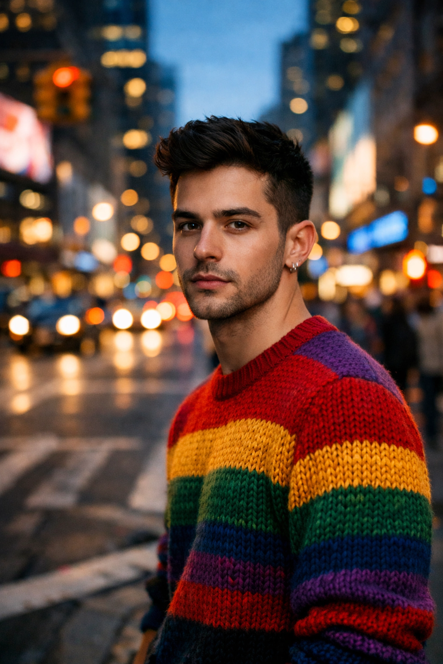 Young gay man standing on a city street at sunset, representing the reality of daily LGBTQ+ visibility.