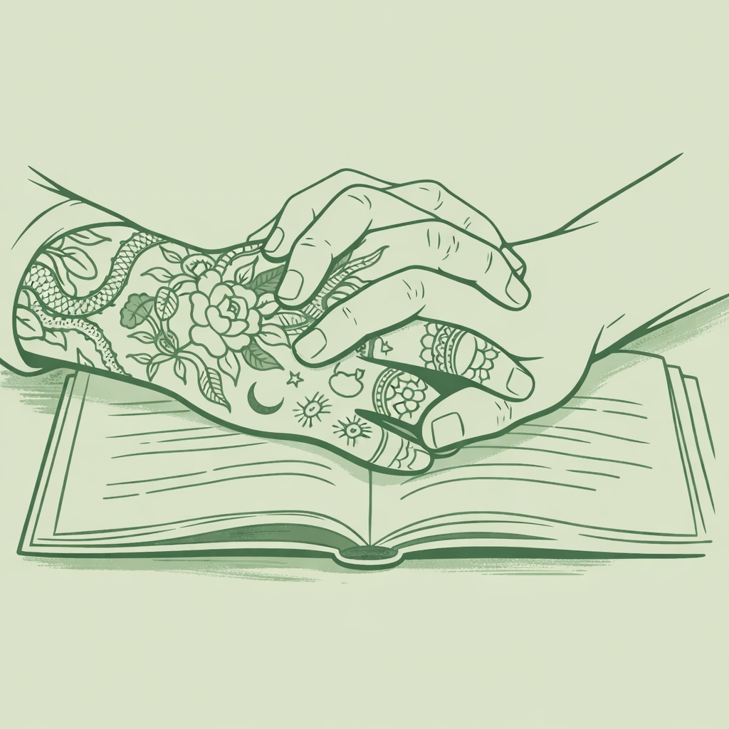 Tattooed and bare hands intertwined over book - MM literary romance intimate moment