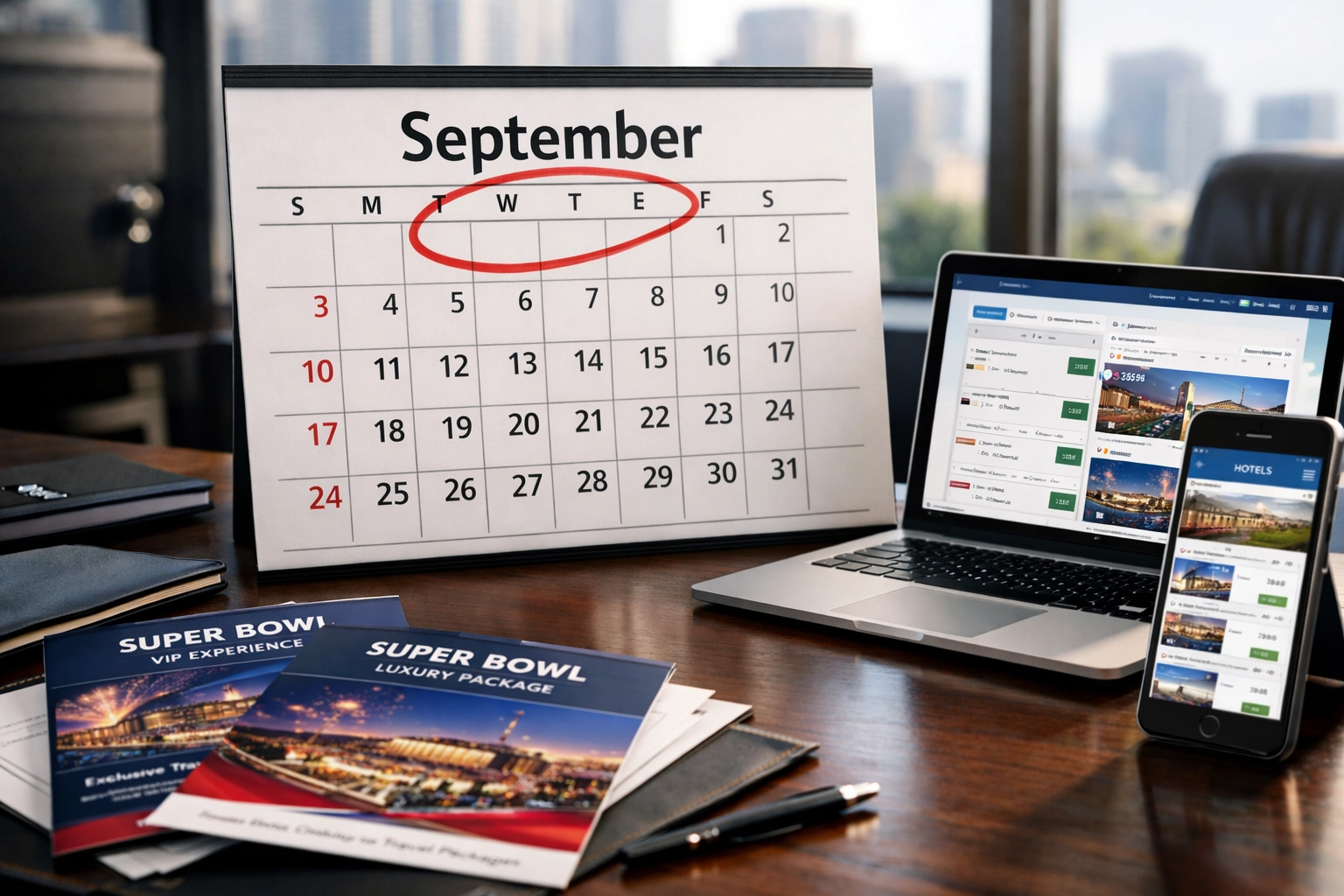 Executive desk with September calendar and Super Bowl corporate travel booking planning materials