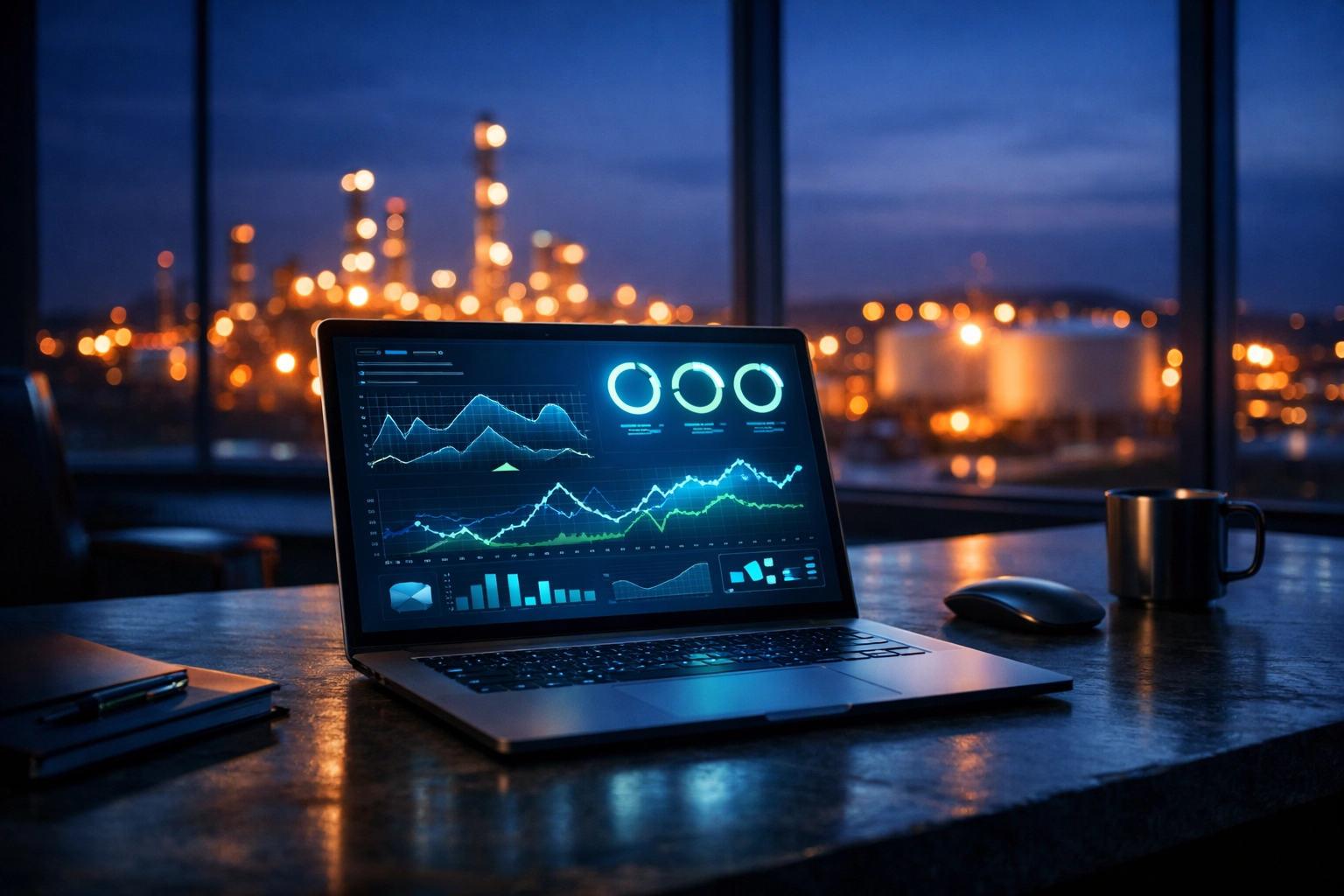 Data dashboard for methane reporting and shale energy compliance in a modern office overlooking an oil refinery.