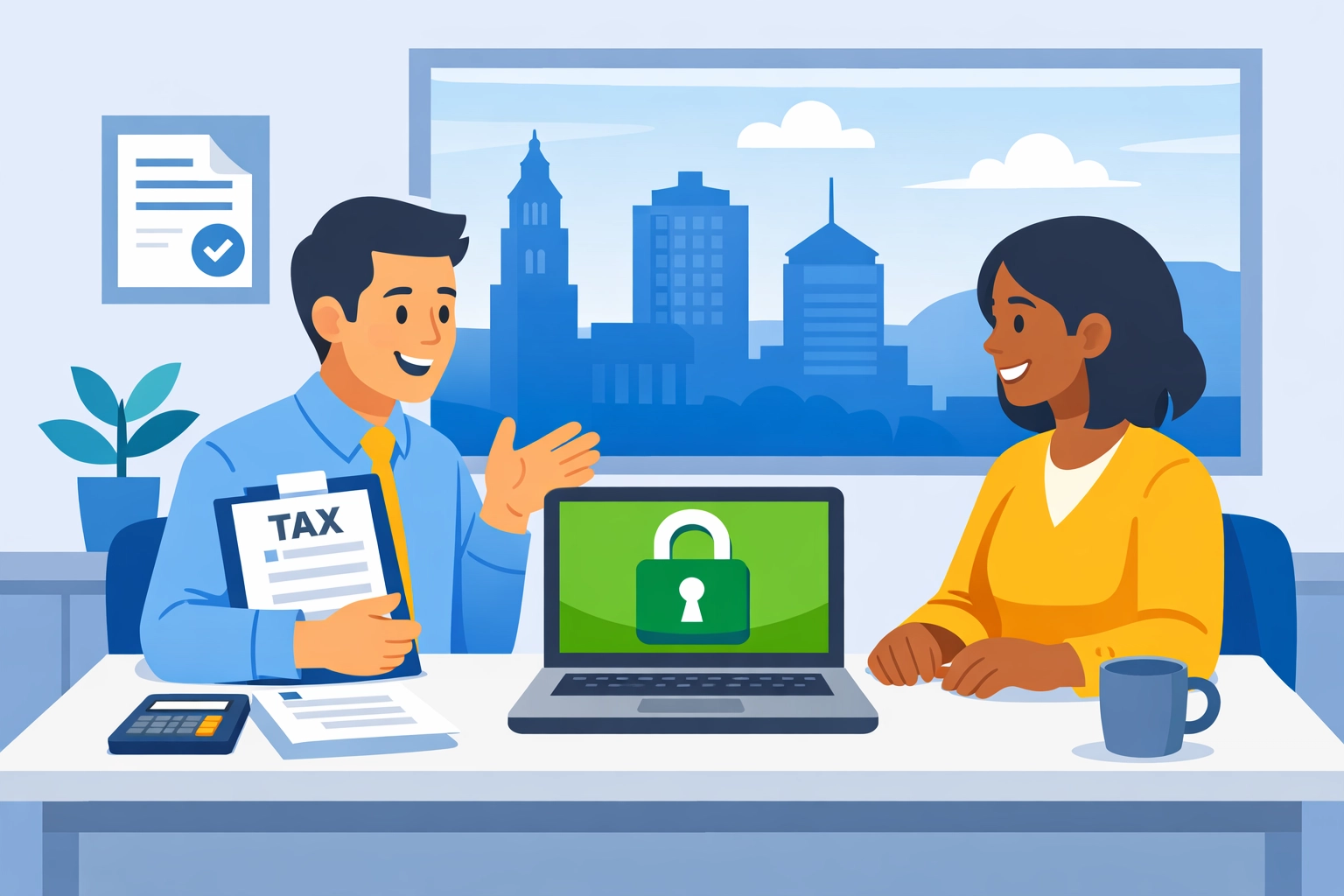 Secure tax preparation in New Haven featuring a professional consultant and data protection safeguards.