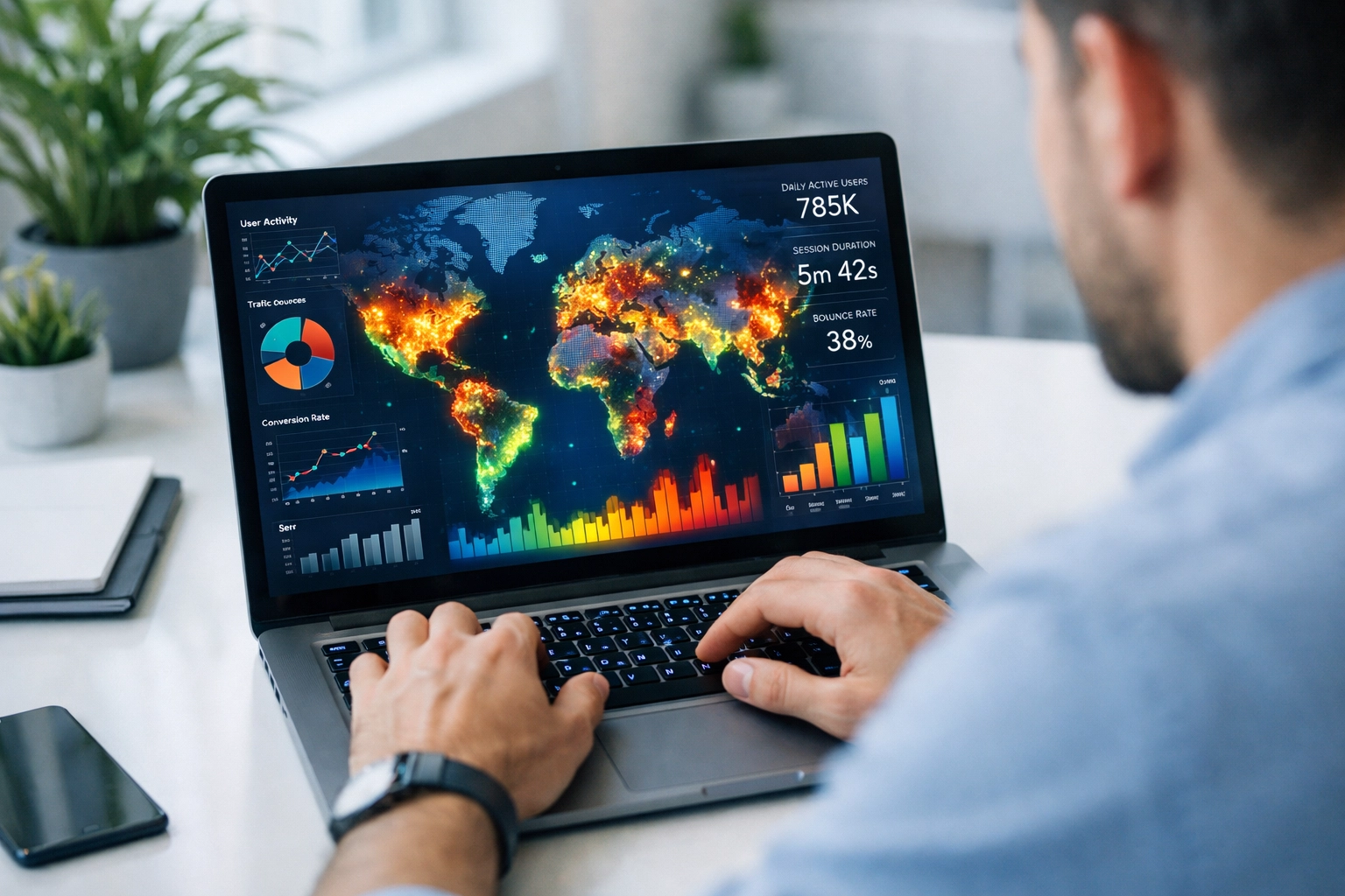 Digital strategist analyzing global crypto market trends and user engagement data on a laptop screen.