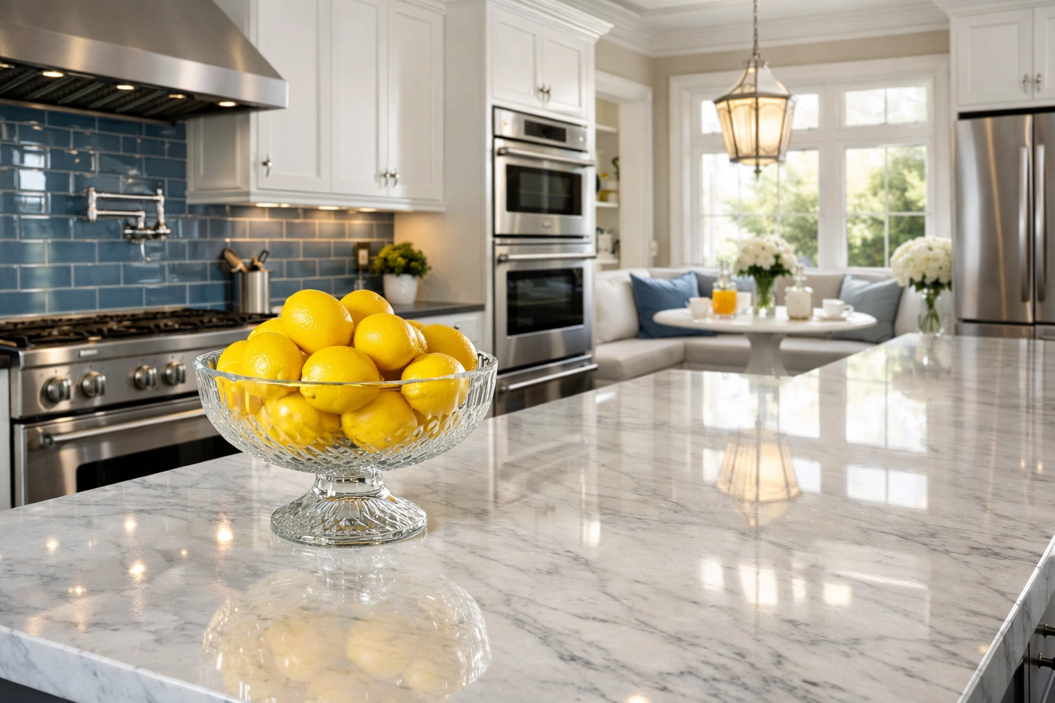 A deep cleaned kitchen in Ashby MA featuring polished marble countertops and high-end stainless steel appliances.