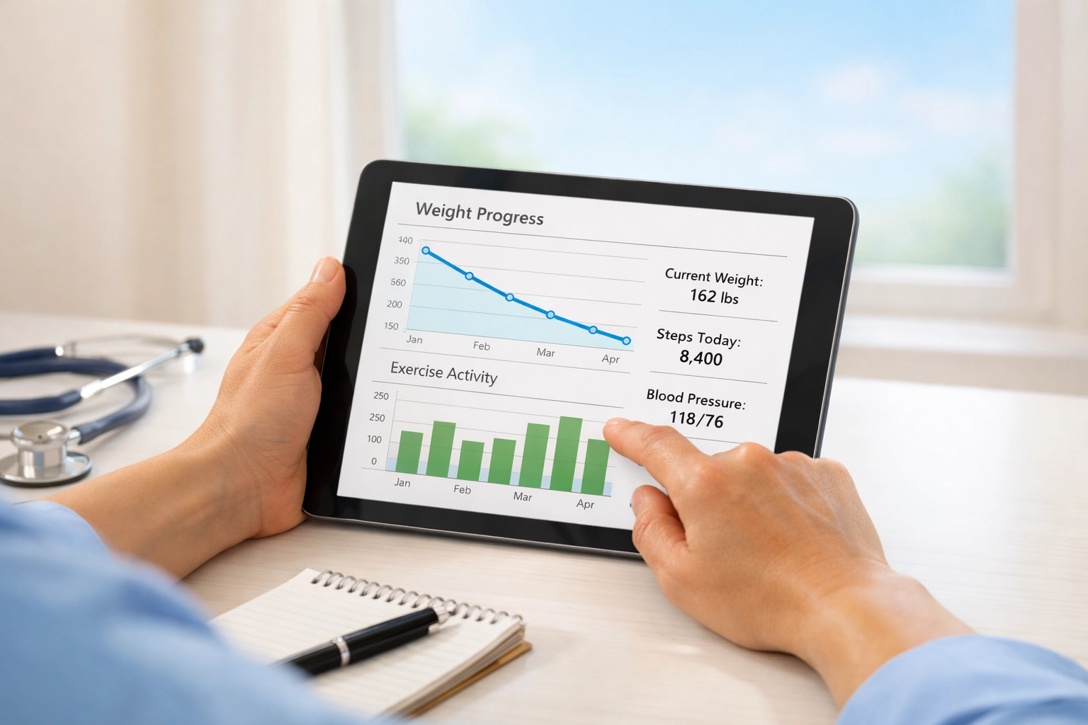 Healthcare provider reviewing weight loss progress charts during telehealth consultation