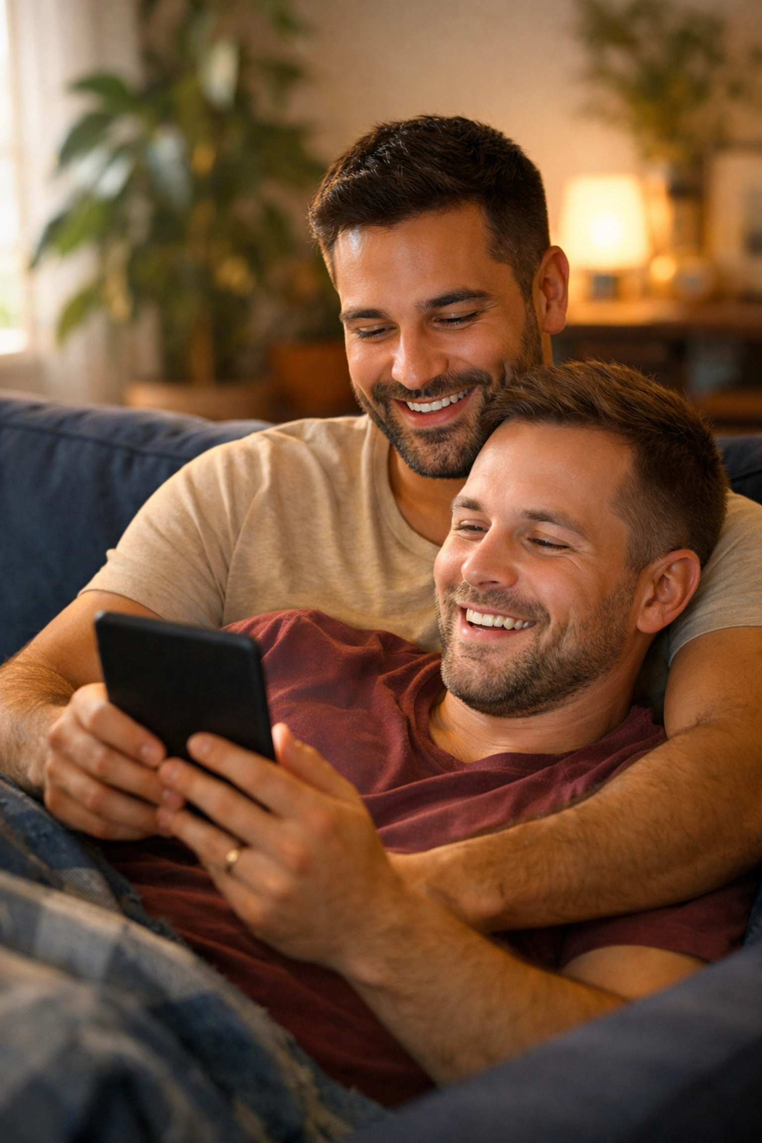 A gay couple enjoying a cozy moment reading an MM romance series on a digital e-reader.