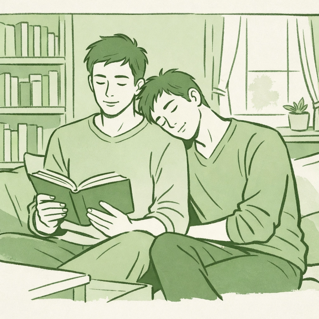 Gay couple reading LGBTQ+ fiction together in cozy home library with bookshelves