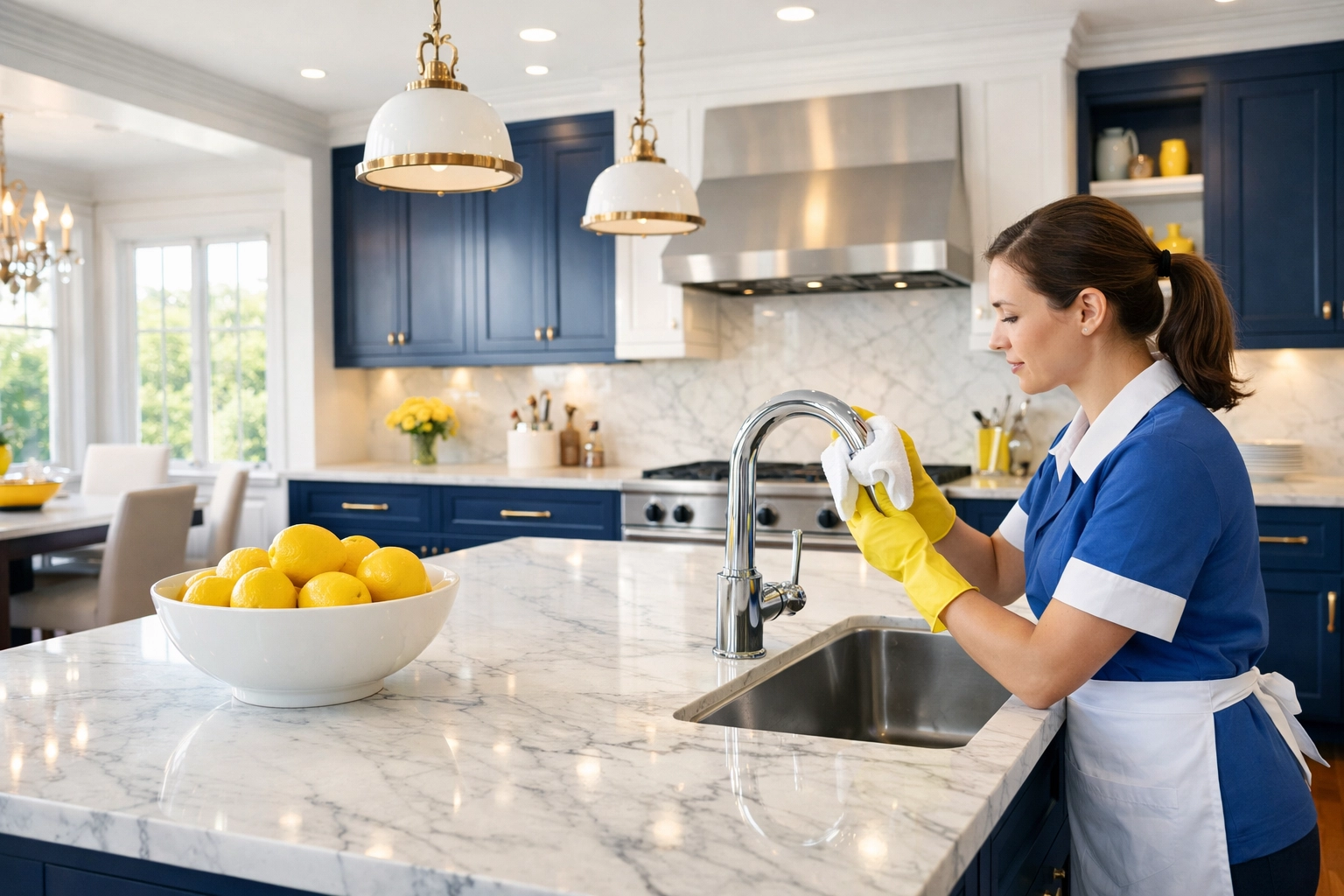 Professional cleaner polishing a kitchen faucet for high-end house cleaning Brookline MA.