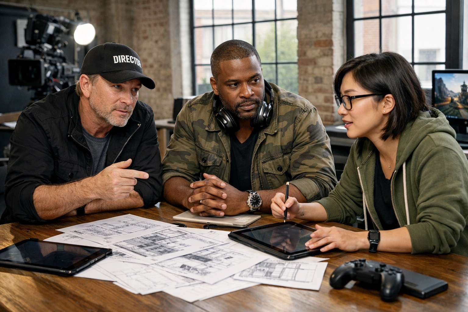 Entertainment industry professionals discussing new global standards for ethical AI integration.