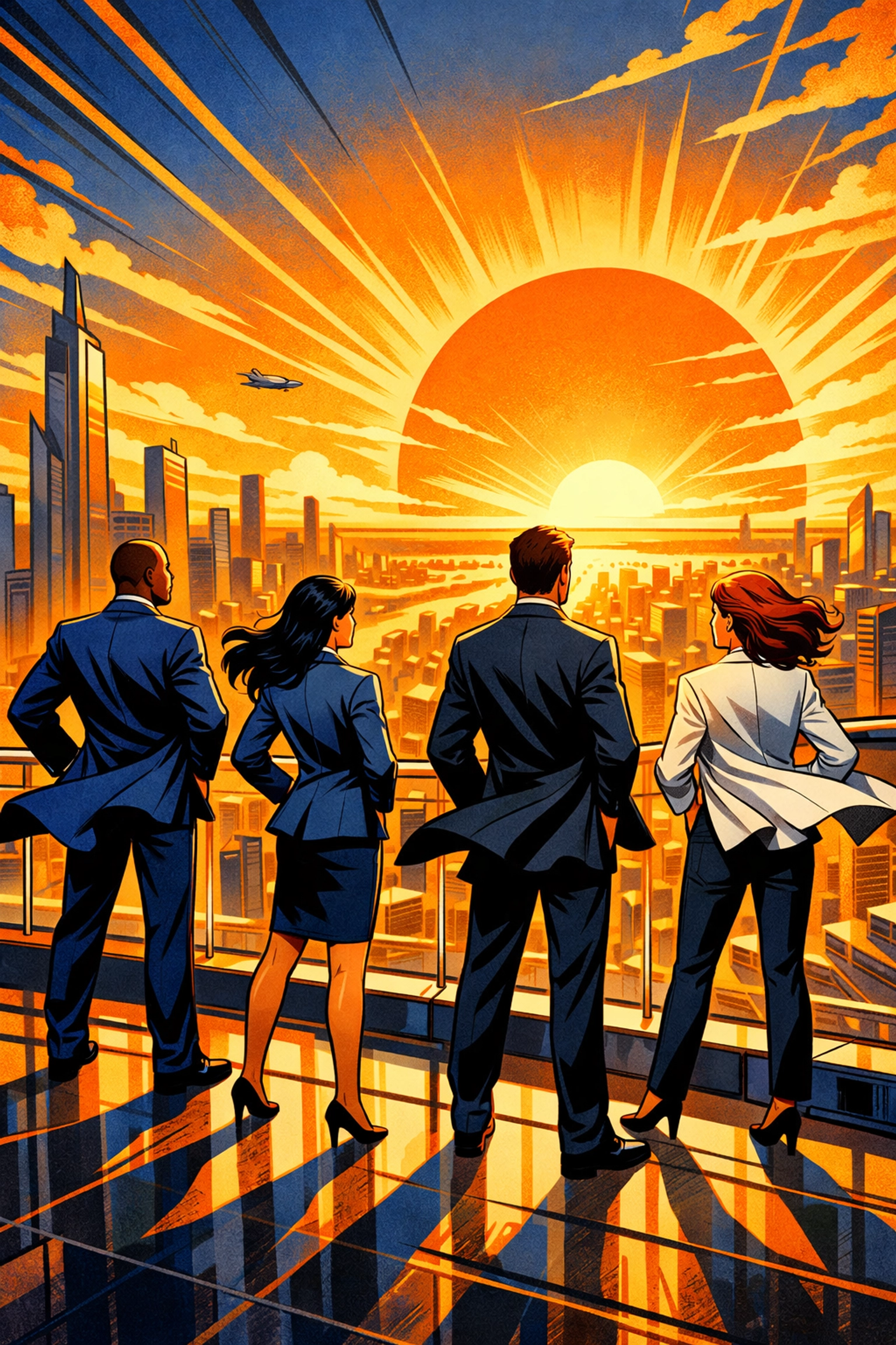 Business partners looking at a sunrise, representing growth and financial stability in payment processing.