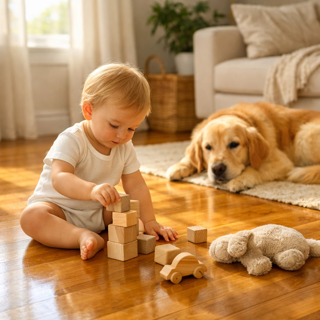 A toddler and dog playing on safe, chemical-free hardwood floors in a sunlit, clean home.