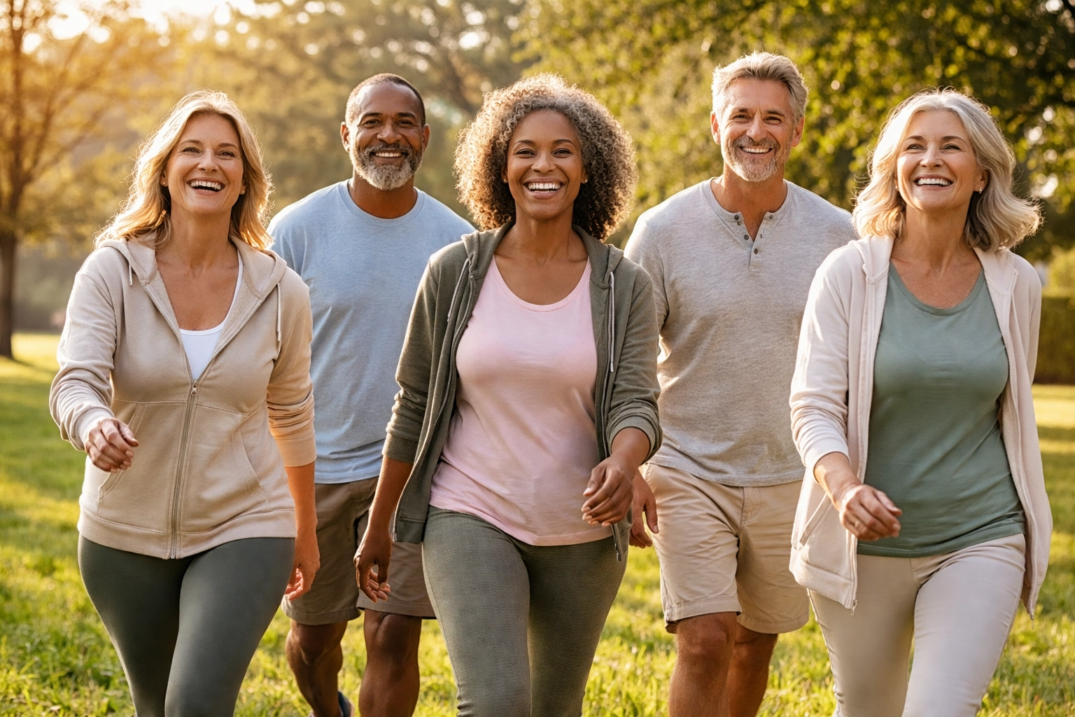 Diverse adults enjoying a sunny park walk, representing lives saved by early cancer screening and detection.