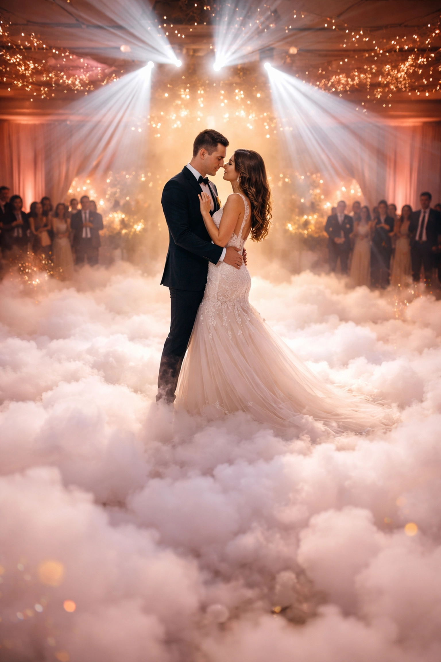 Bride and groom share their first dance on a cloud effect dance floor, enhanced by romantic lighting at a Denver wedding.