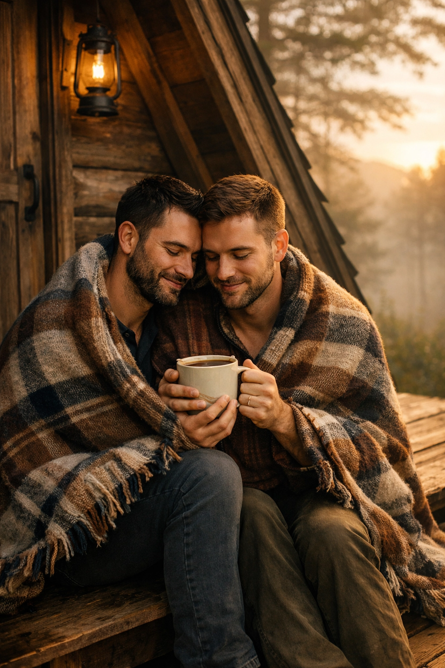 Romantic gay couple sharing a blanket and coffee on a rustic cabin porch during a budget-friendly forest escape.