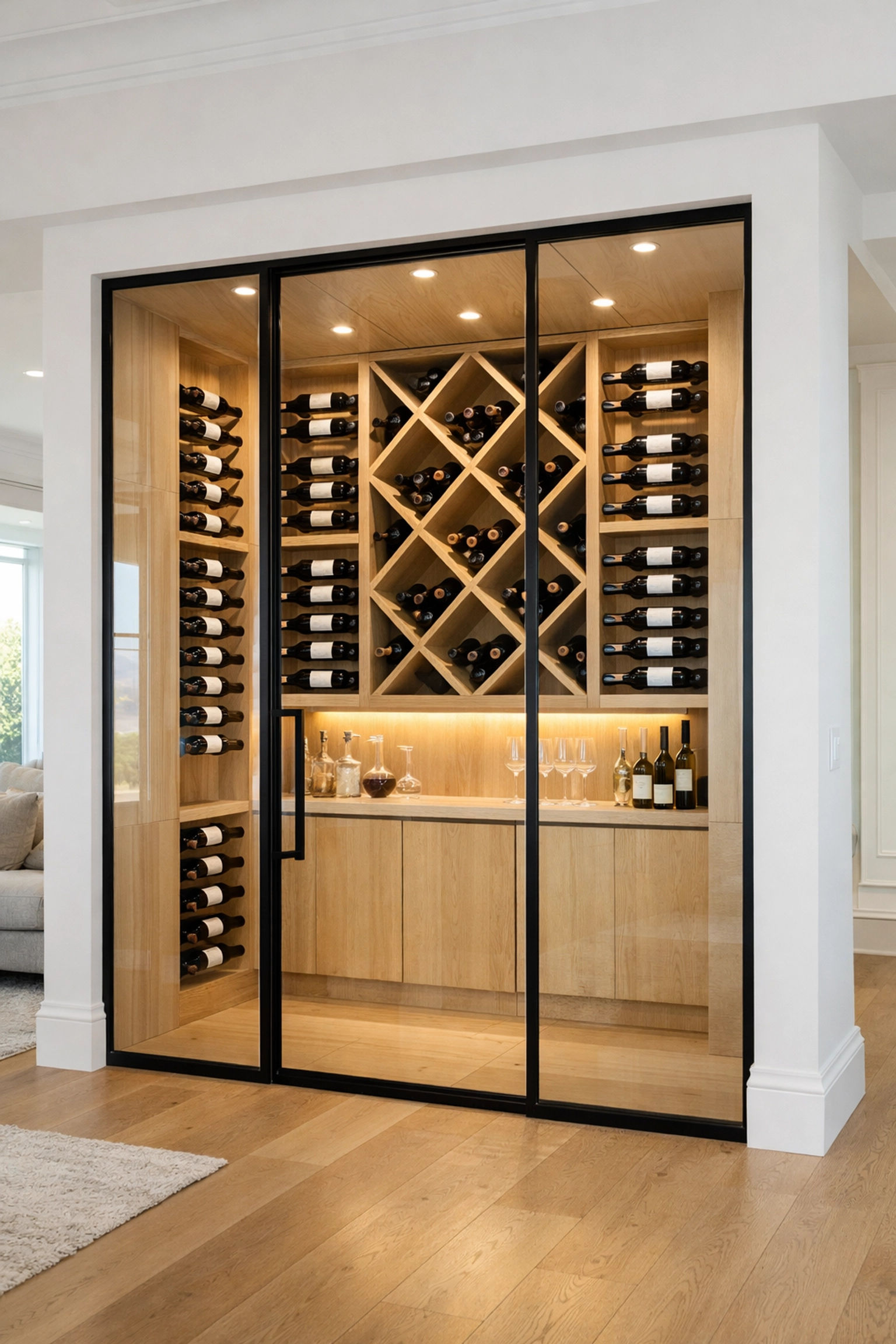 Custom light oak wine shelving integrated into a modern glass-enclosed alcove with minimalist black framing.