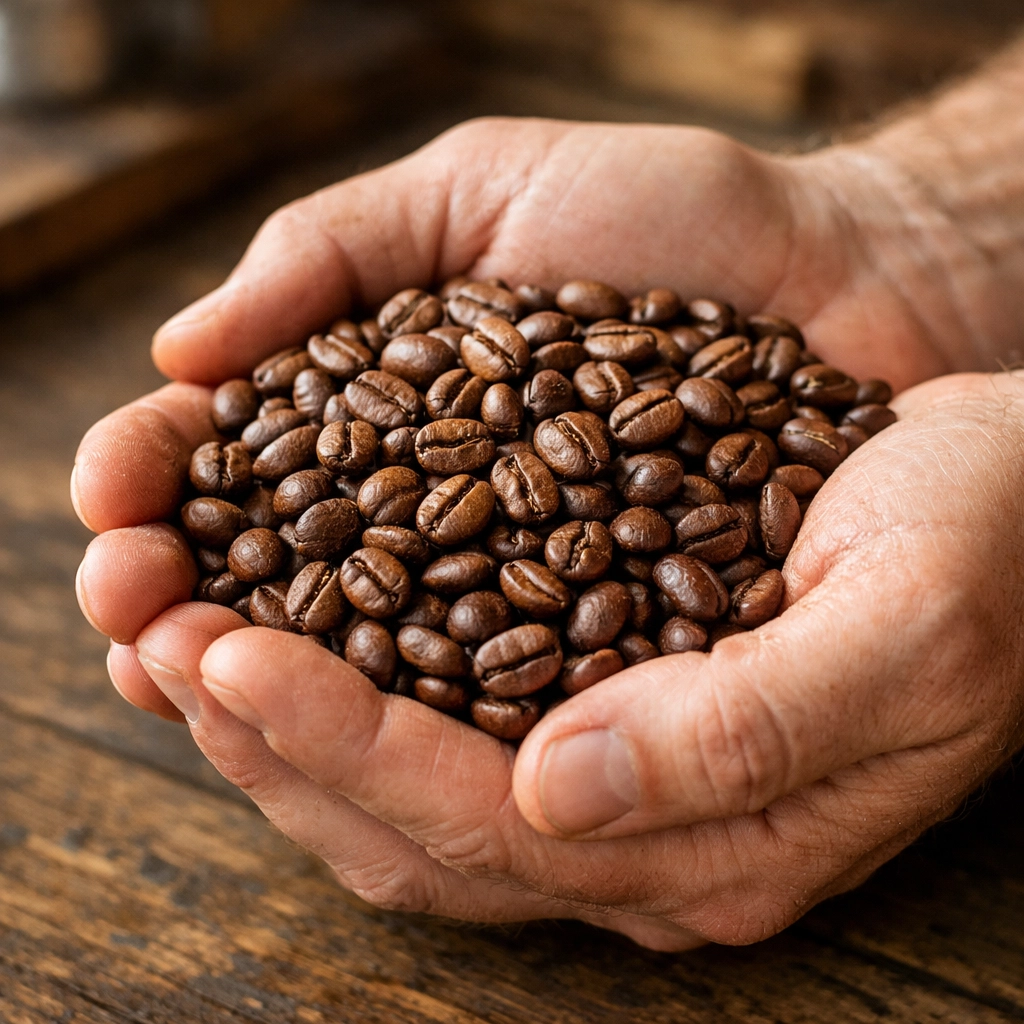 Artisan hands cupping a heap of freshly roasted speciality coffee beans from a wholesale partner.