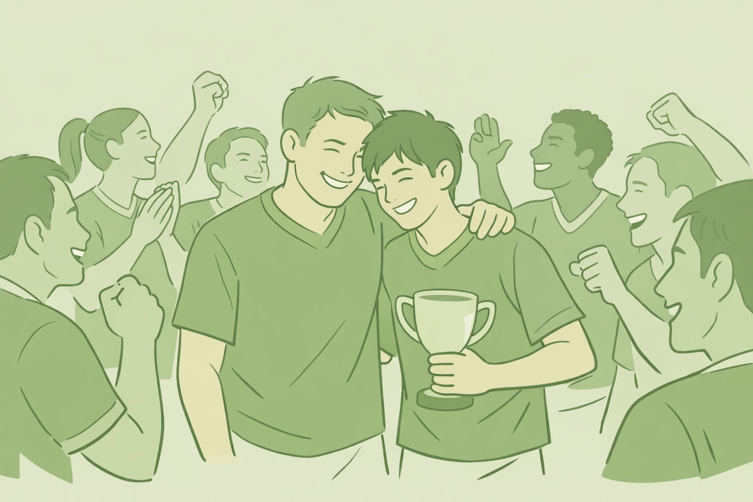 LGBTQ+ soccer team celebrating victory with gay father and son at center