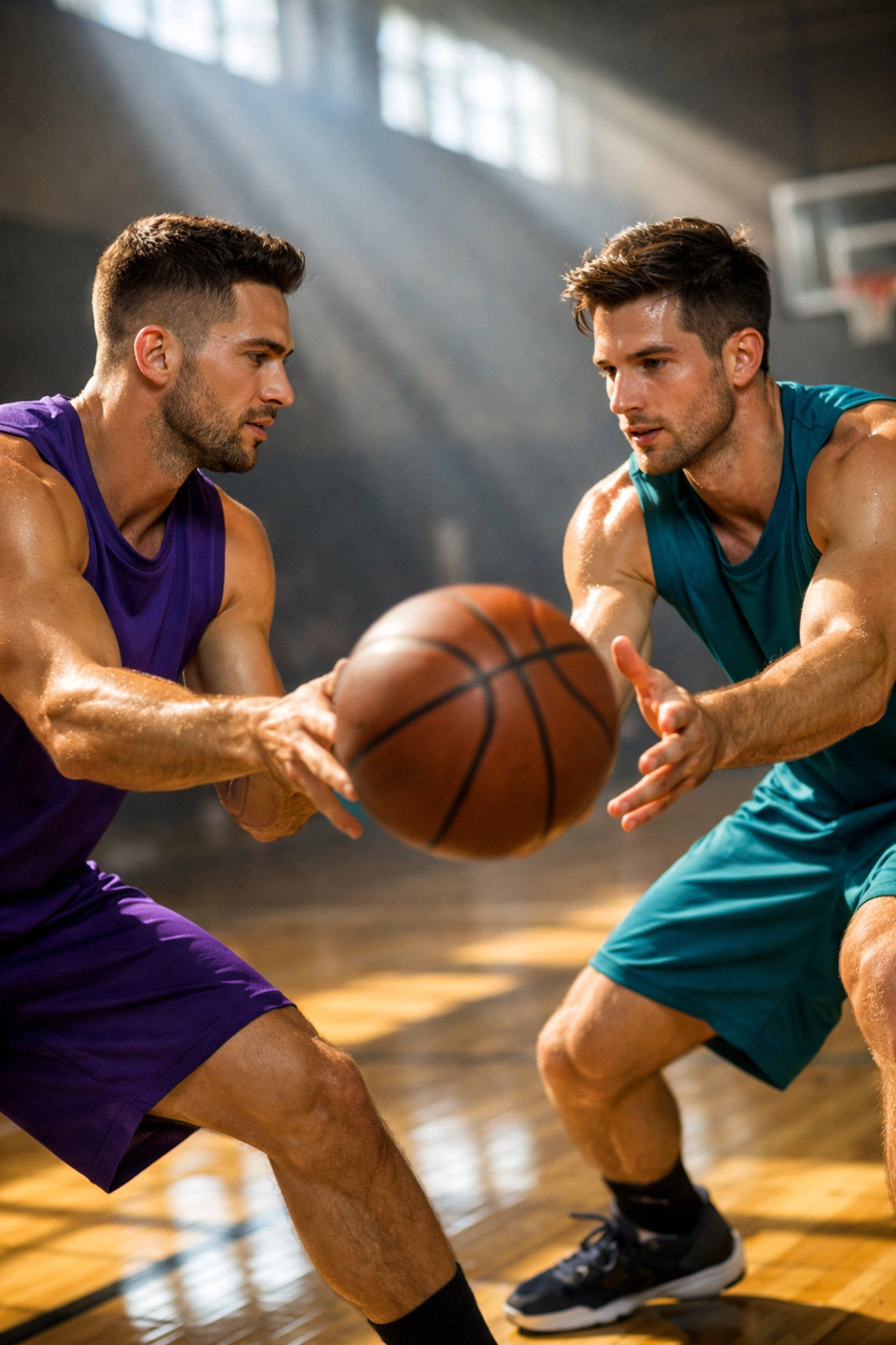Two male basketball players practicing together representing gay athletes in professional sports