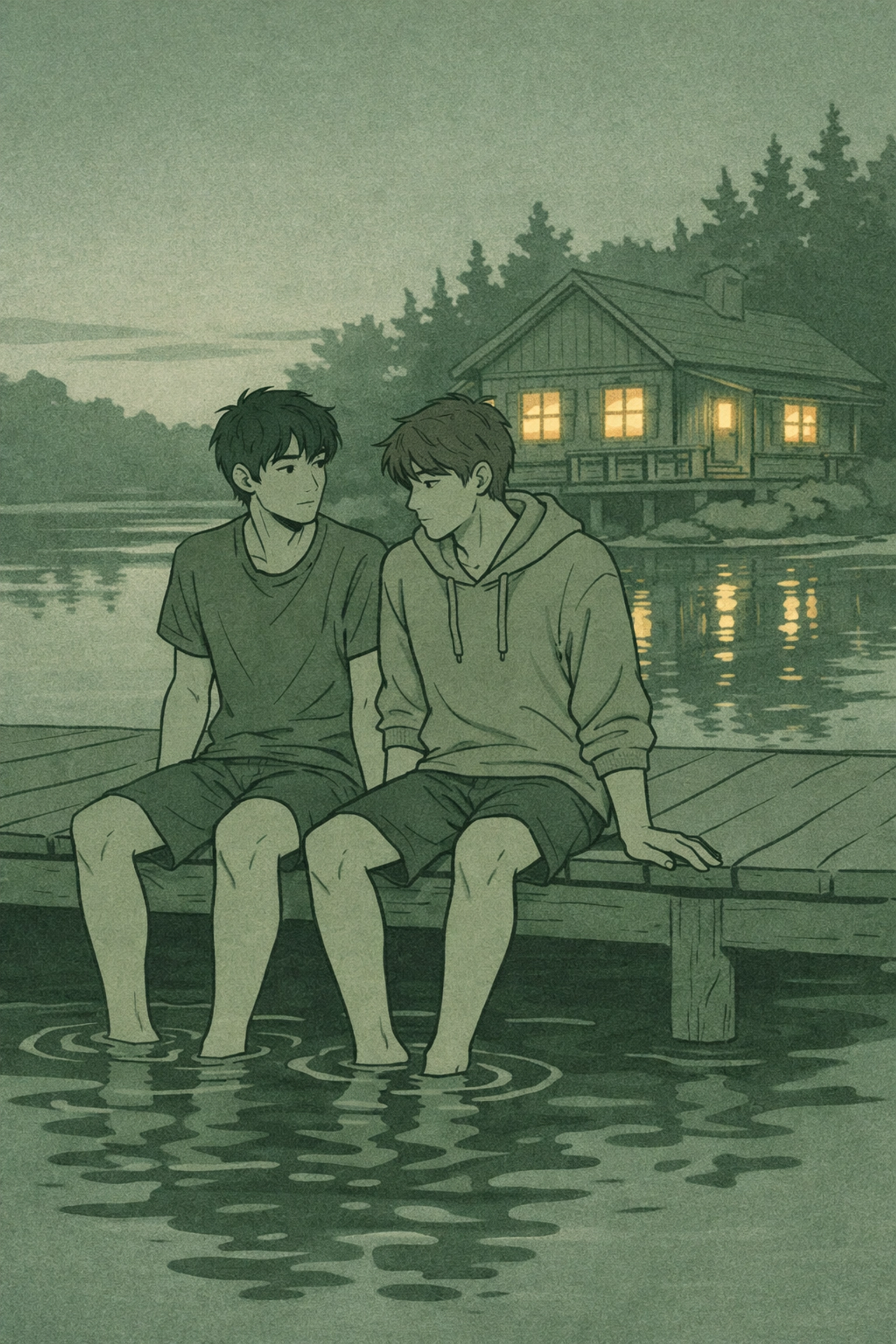 Two step-brothers share tension on lake dock at summer cabin - MM romance forbidden love