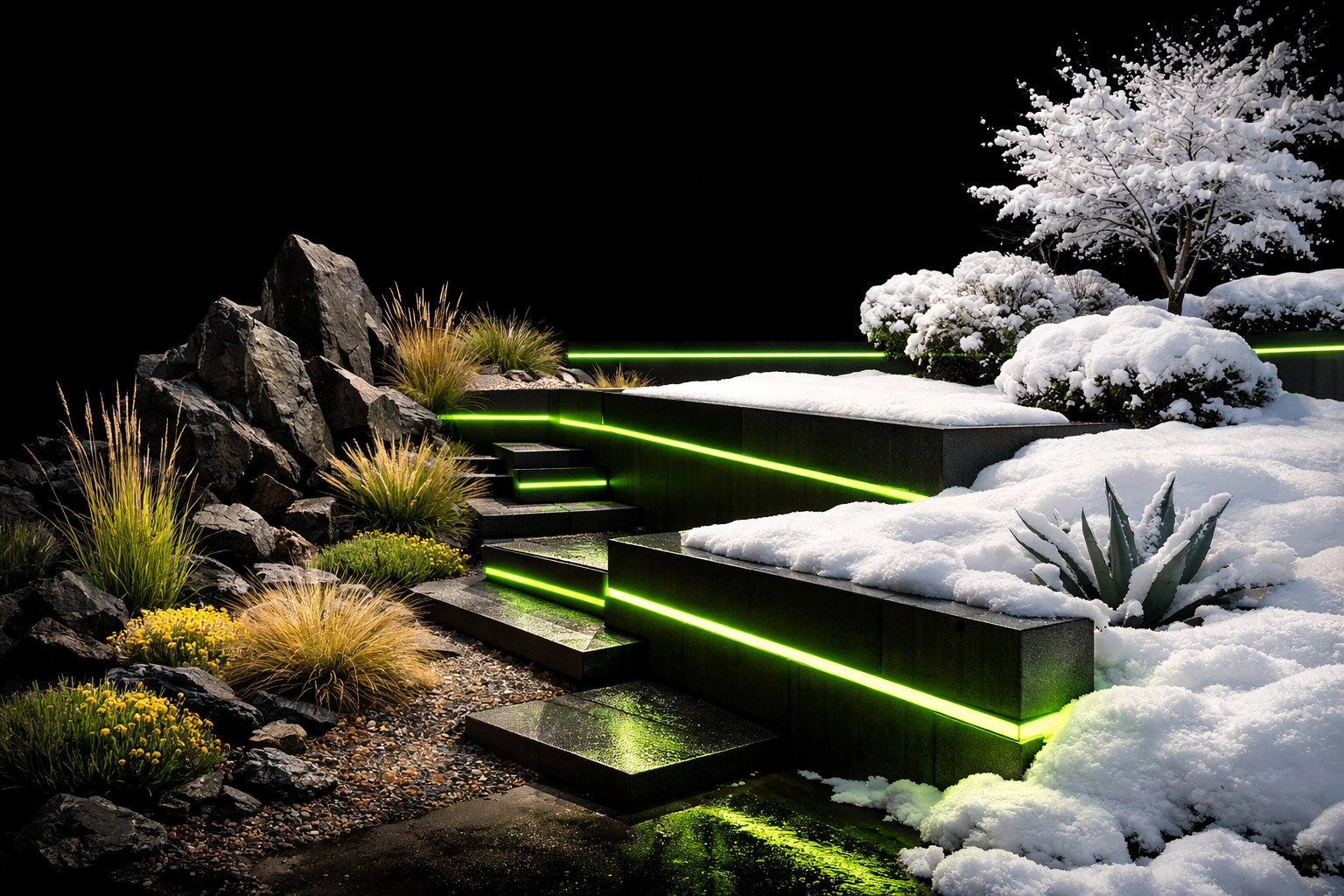 Denver landscaping and snow removal services showing xeriscape and winter maintenance transition.