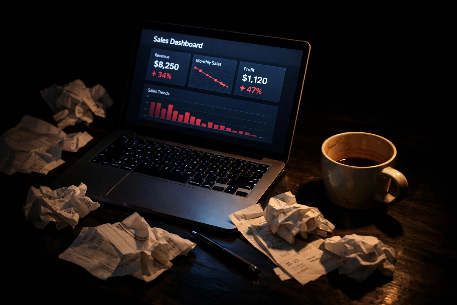 Founder's desk showing declining sales dashboard and agency invoices illustrating high SDR costs