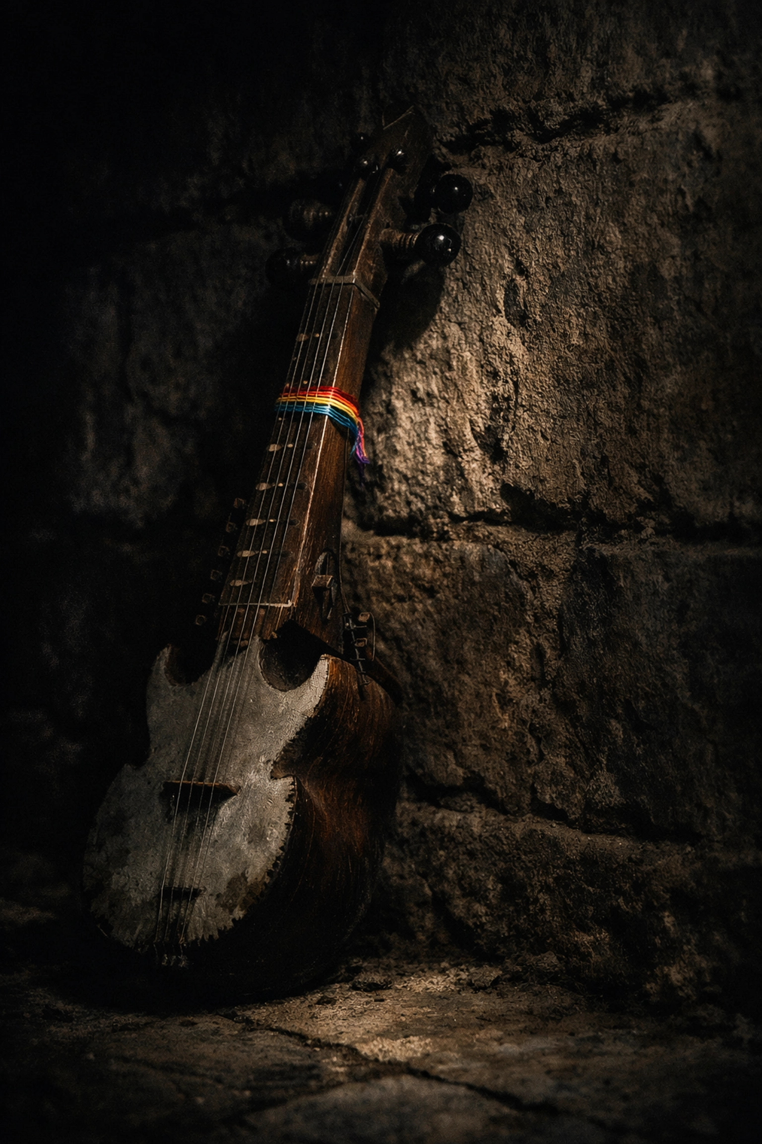 Traditional Afghan instrument with a rainbow thread, a symbol of LGBTQ+ resilience and queer fiction.